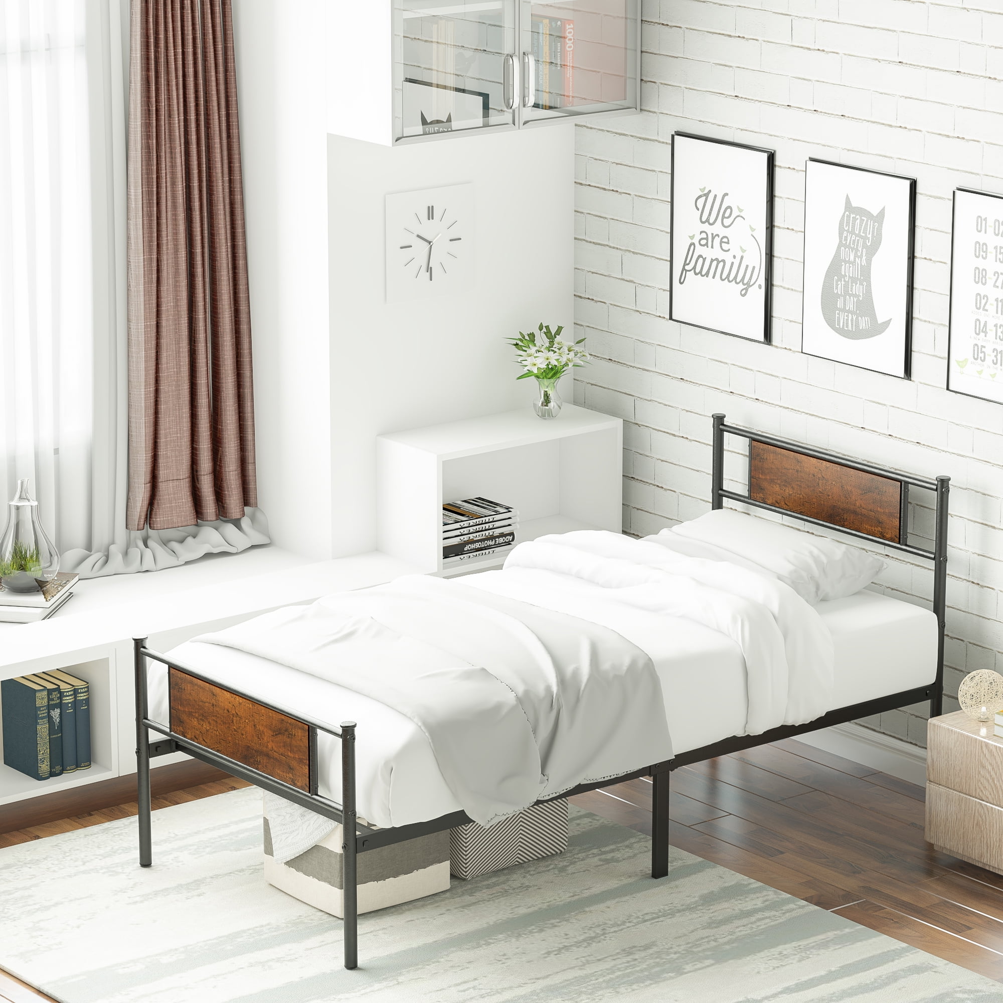 Yoneston Metal Twin Bed Frame with Wood Headboard, Retro Single Platform Bed for Kids, Easy Assembly - Image 6