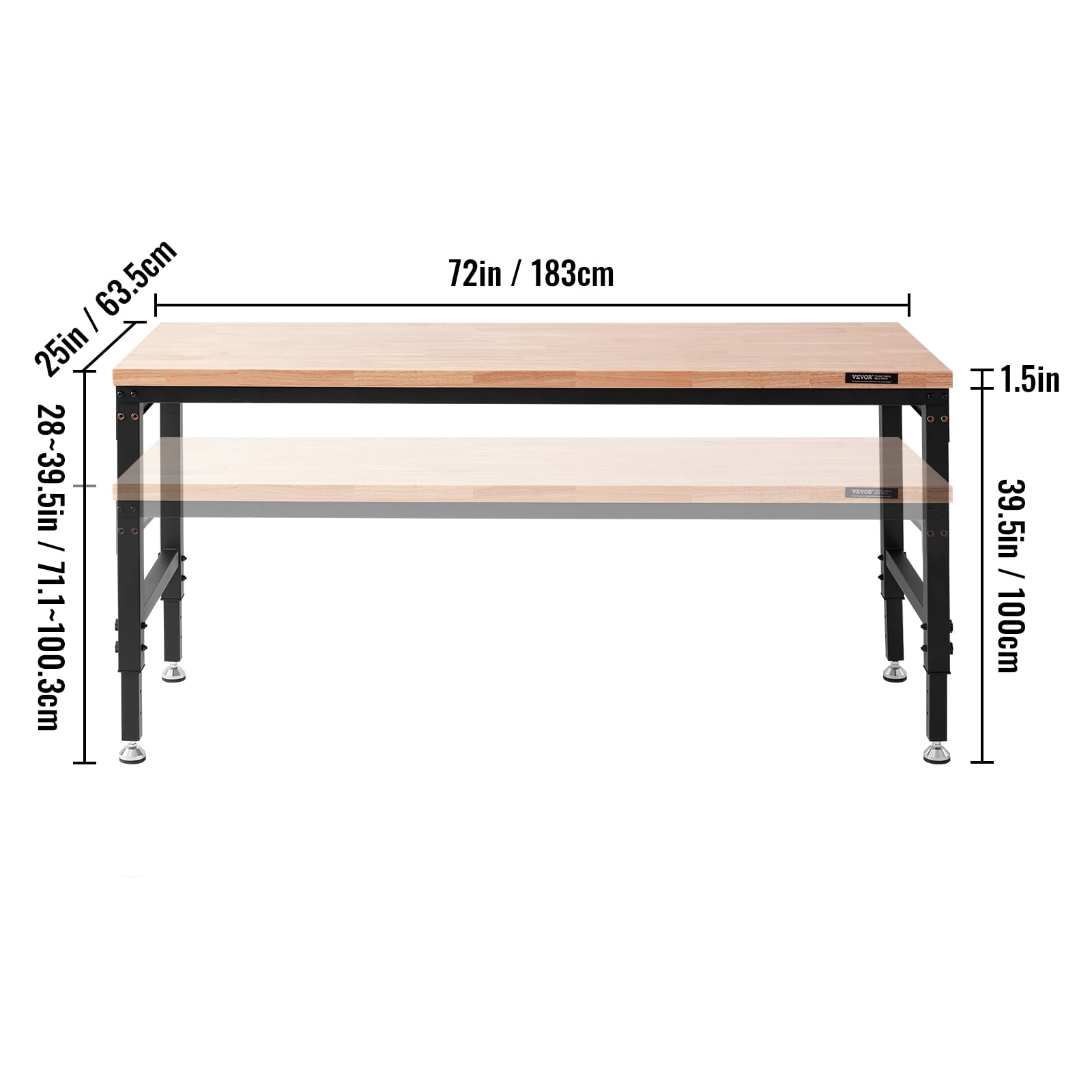 VEVOR Adjustable 28-39.5" Heights Workbench, 72" L X 25" W Garage Worktable with Universal Wheels, 3000 LBS Load Capacity, with Power Outlets - Image 7