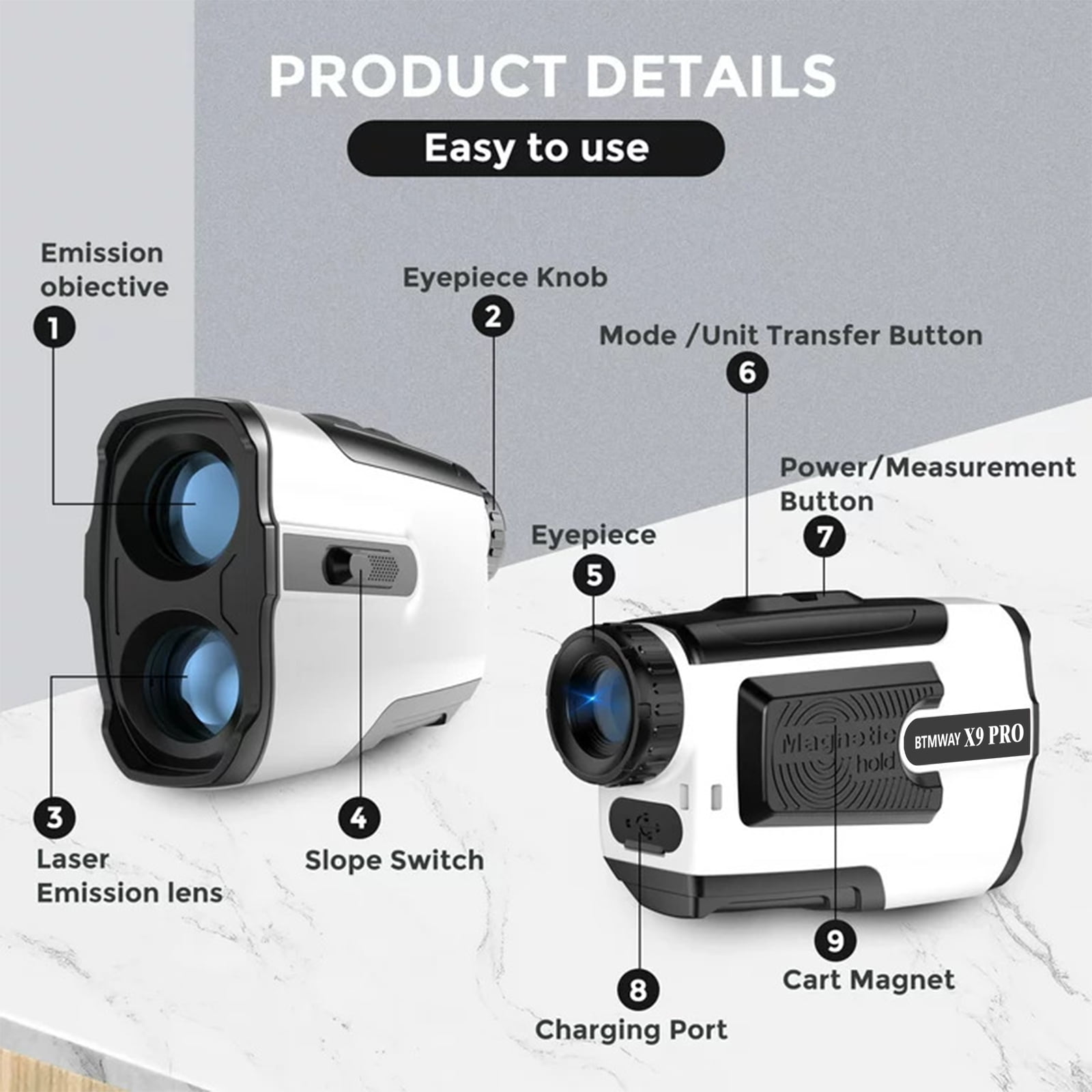 BTMWAY Laser Golf Rangefinder 900 Yards | 7X Magnification with Slope Switch, X9 PRO - Image 3