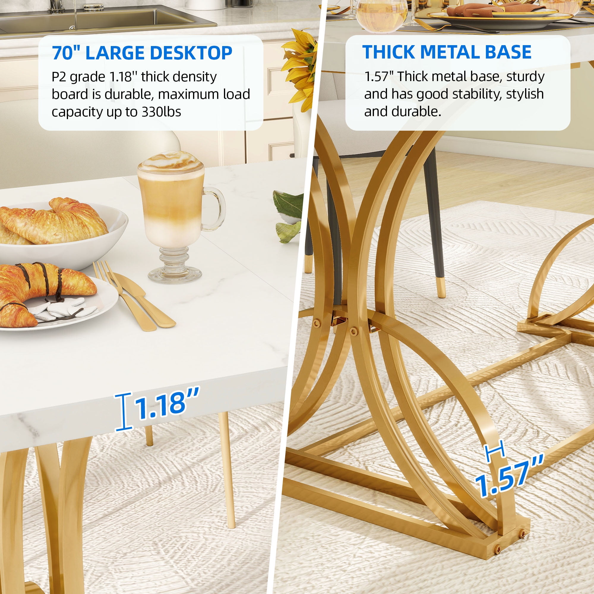 Dextrus 70.3" Solid Wood Dinner Table for 6-8 Person, Rectangular Modern Kitchen Table with Faux Marble Tabletop and Gold Geometric Metal Legs - White & Gold - Image 4