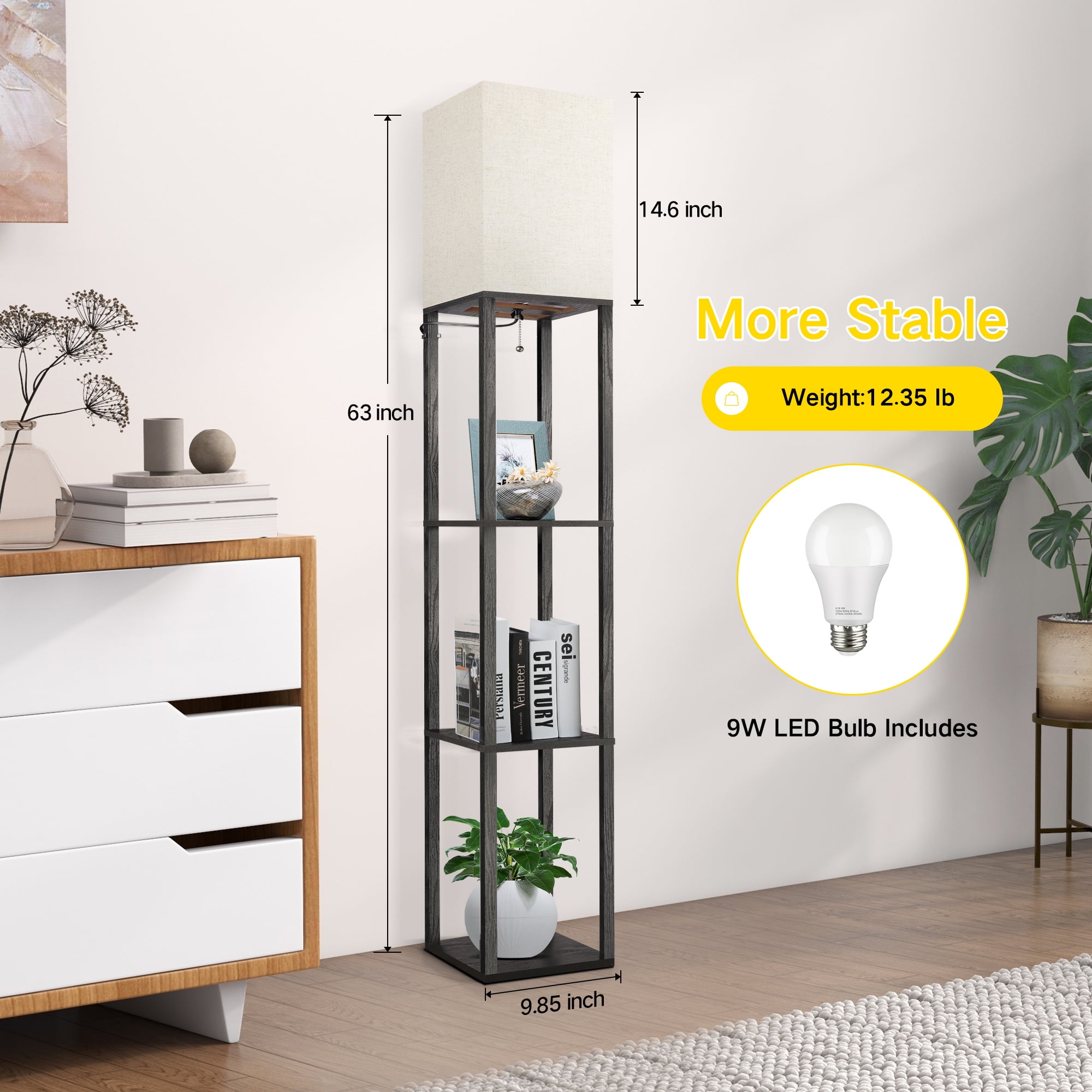 OUTON 63" Floor Lamp with Shelves, Modern Dimmable Standing Lamps with Remote Control for Living Room, Bedroom, Black - Image 5