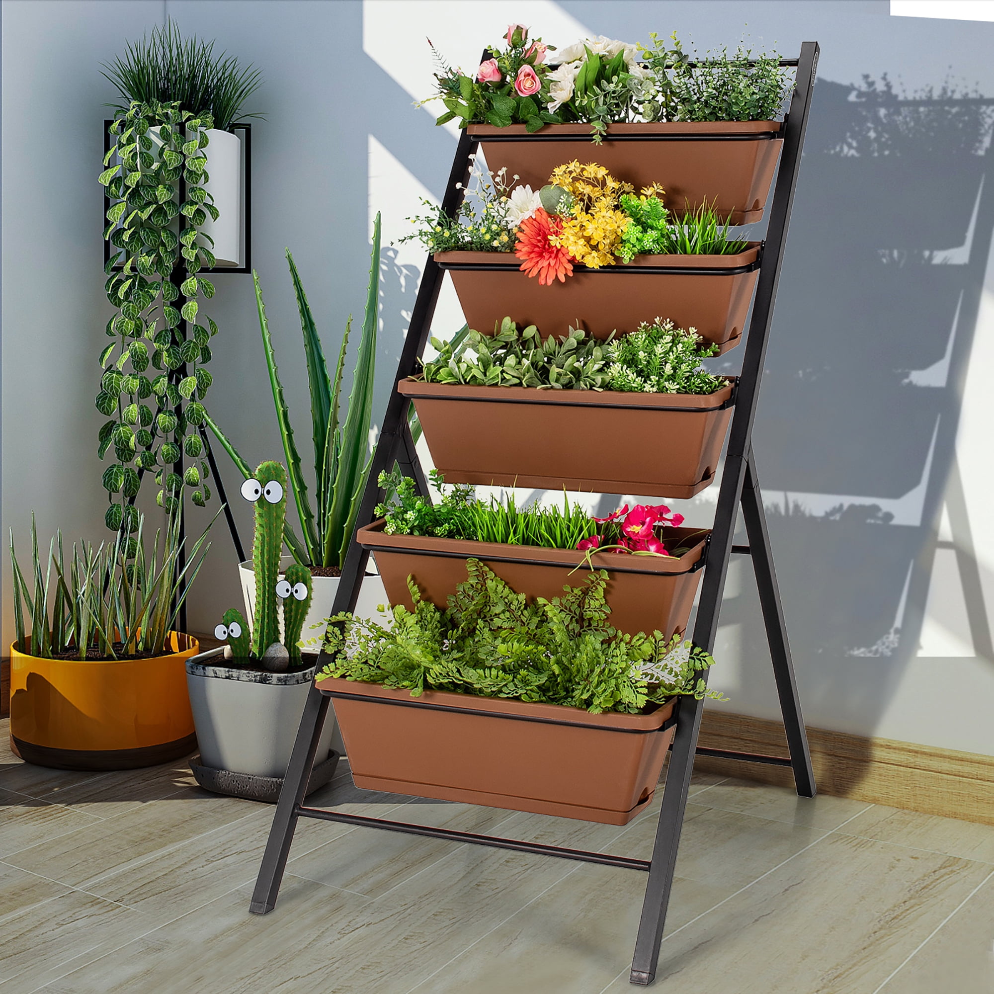 Costway 5-tier Vertical Garden Planter Box Elevated Raised Bed w/5 Container Brown - Image 2