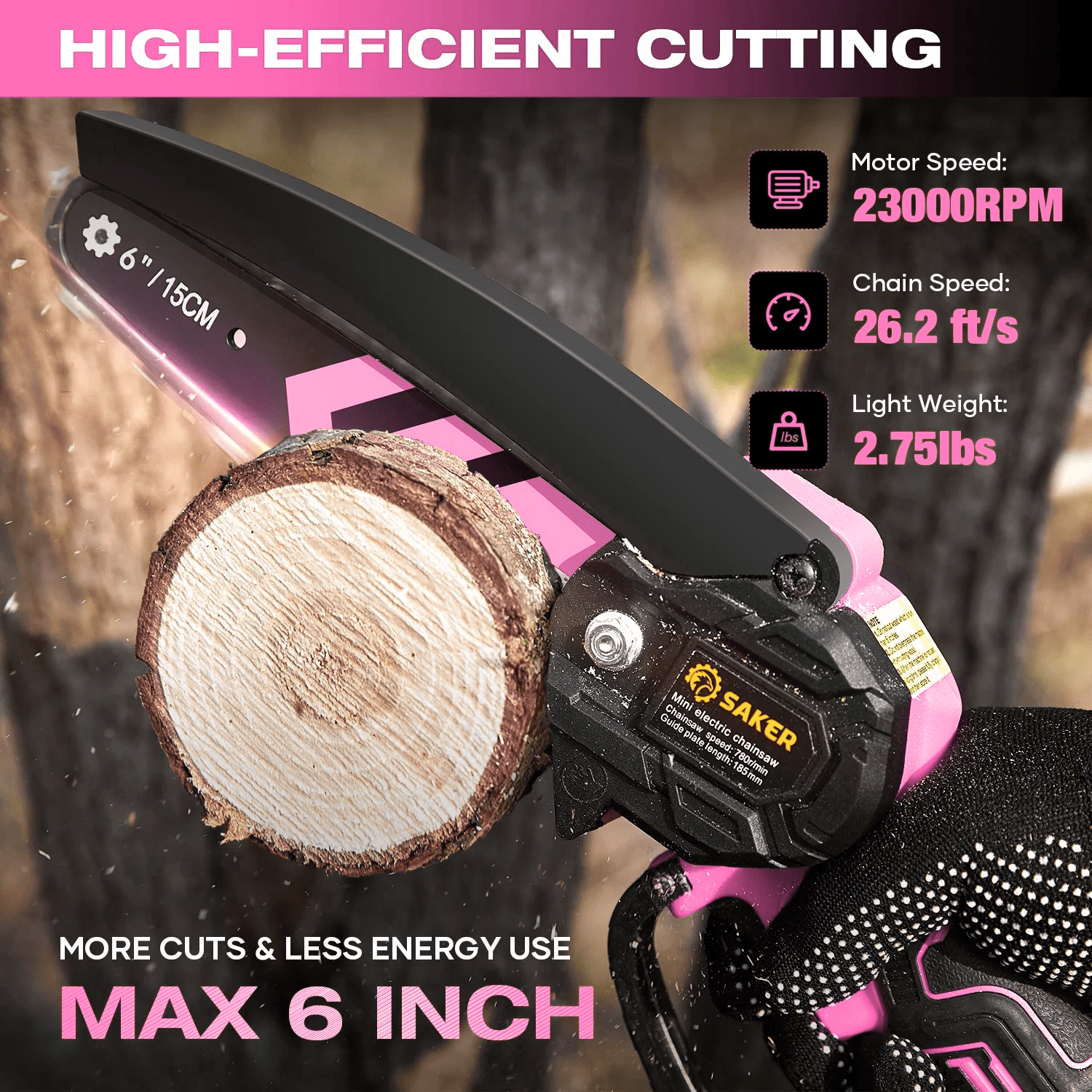 Saker Mini Chainsaw, 6-Inch Electric, Rechargeable, Cordless, Powered by 2x 22V 1500mAh Batteries, Includes 2 Chains, for Women & Elderly, Pink - Image 7
