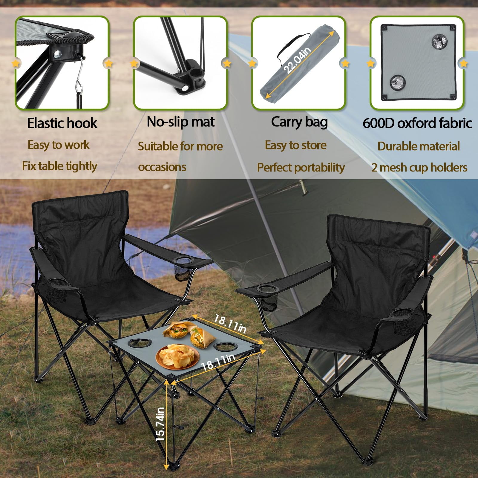 Walchoice Folding Camping Chair Set of 3, Oversized Lawn Chair for Adults, Portable Camp Chairs & Grey Table for Outdoor Fishing Hiking Beach Picnic, Carrying Bag, Black - Image 5