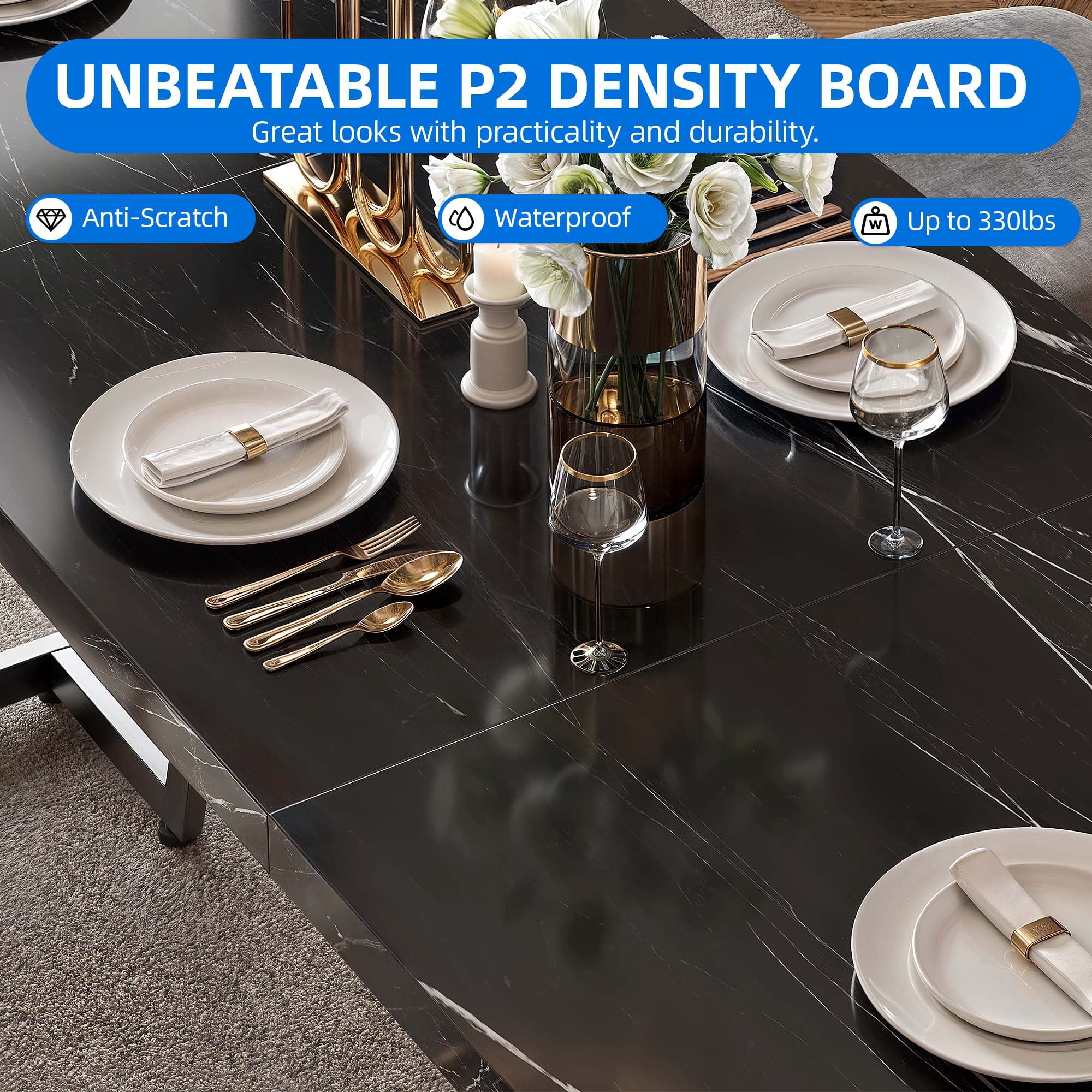 Dextrus Modern Dining Table, 82 inches Rectangle Dinner Table for 6-8 People, Faux Marble Large Kitchen Table with Gold Metal Legs for Dinner Room Kitchen, Black - Image 9