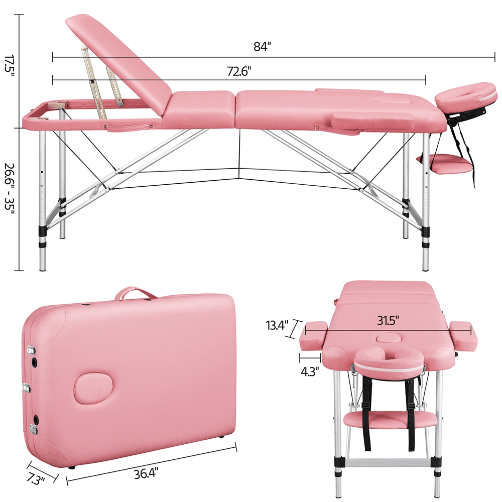Renwick 3 Section Aluminum Massage Table with Removable Headrest Armrest, 84" x 31.5", Pink - Image 2