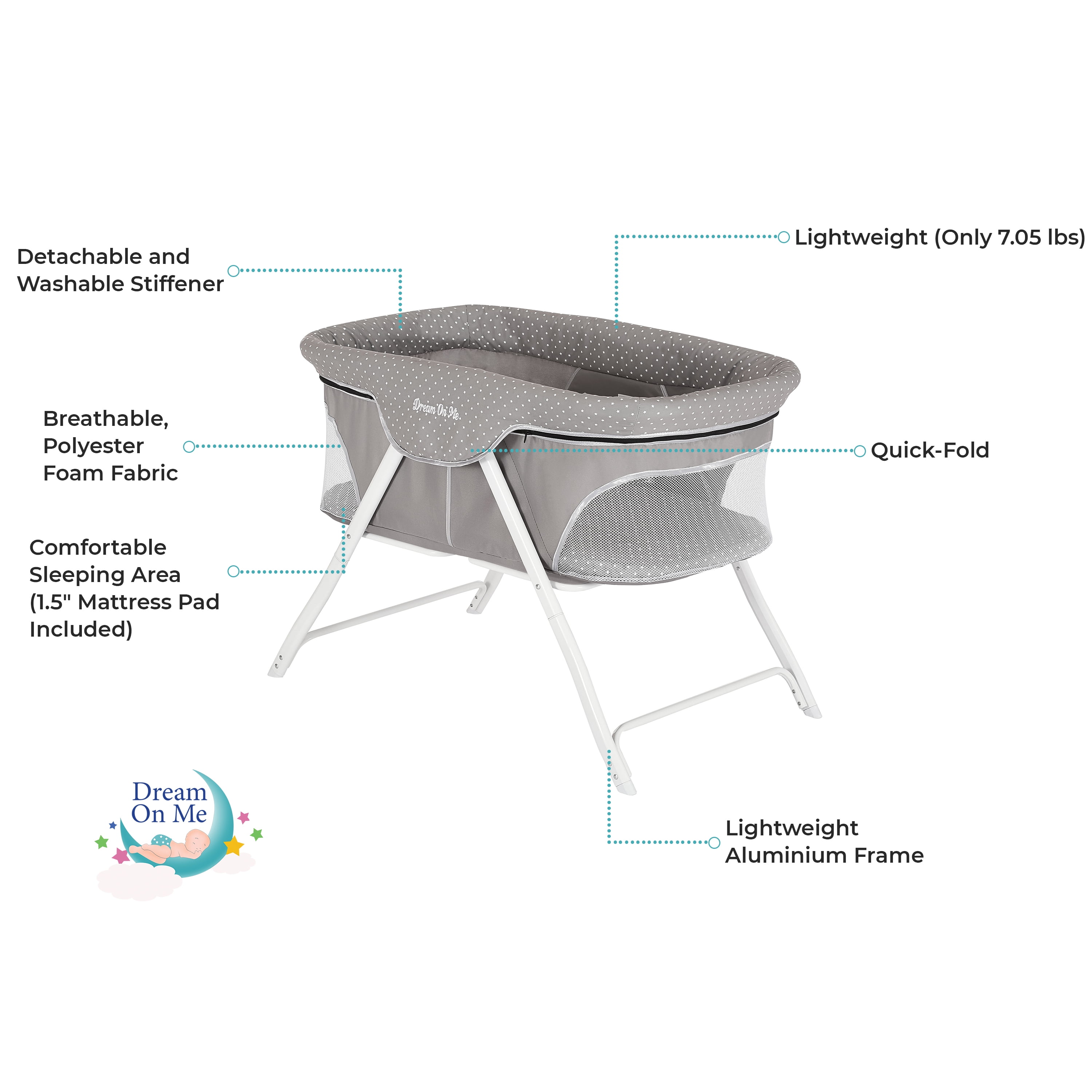 Dream On Me Traveler Portable Bassinet in Twinkle Grey, Lightweight and Breathable Mesh Design - Image 5