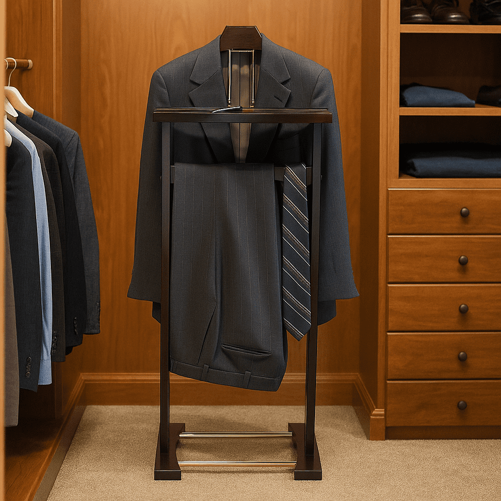 Proman Products Ashton Valet Suit Stand with Top Tray, Contour Hanger, Trouser Bar and Shoe Rack, Dark Mahogany - Image 3