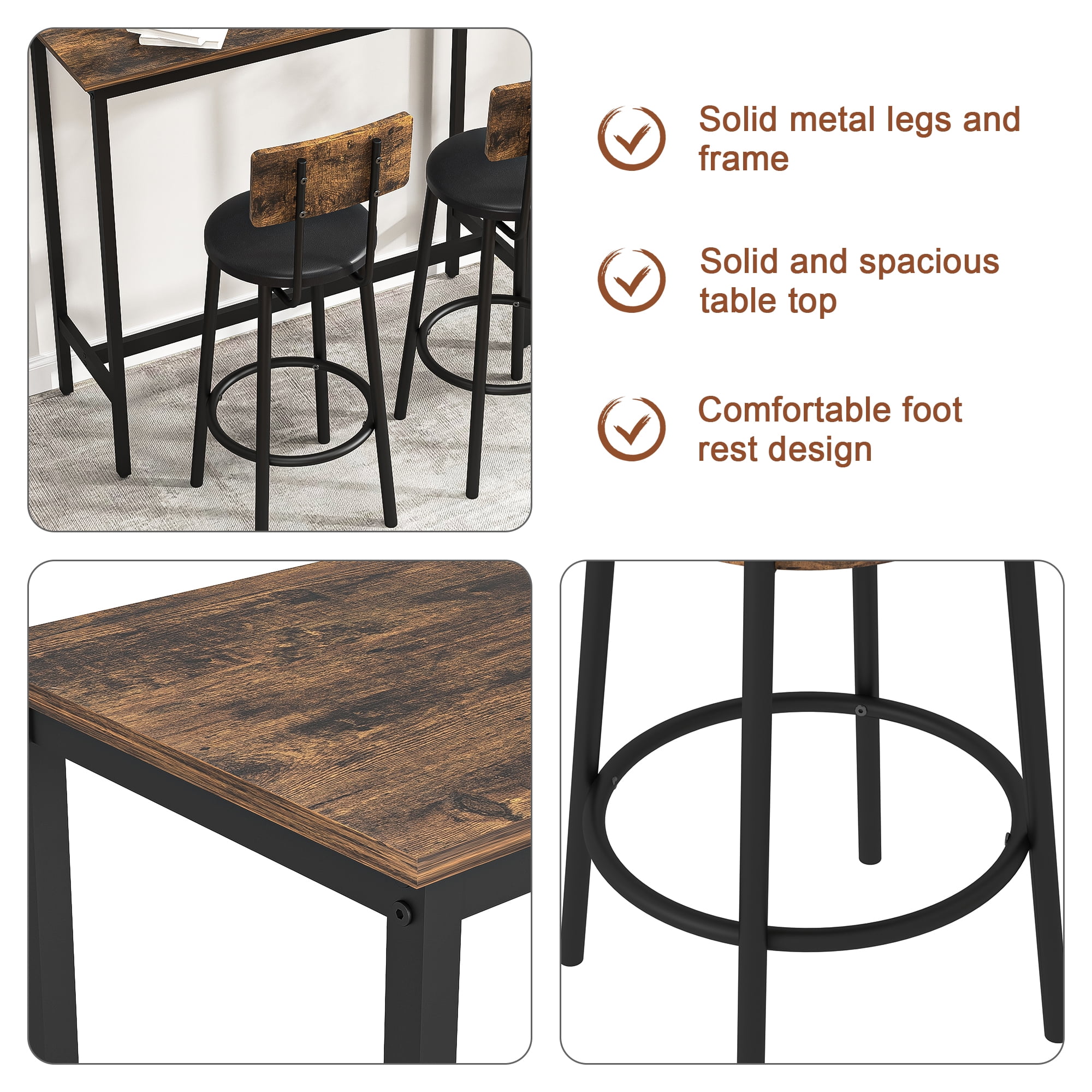 Hommoo Bar Table and Chairs Set, 3-Piece Dining Set Kitchen Breakfast Table, Industrial Dining Table and Round Chairs Set, Rustic Brown - Image 9