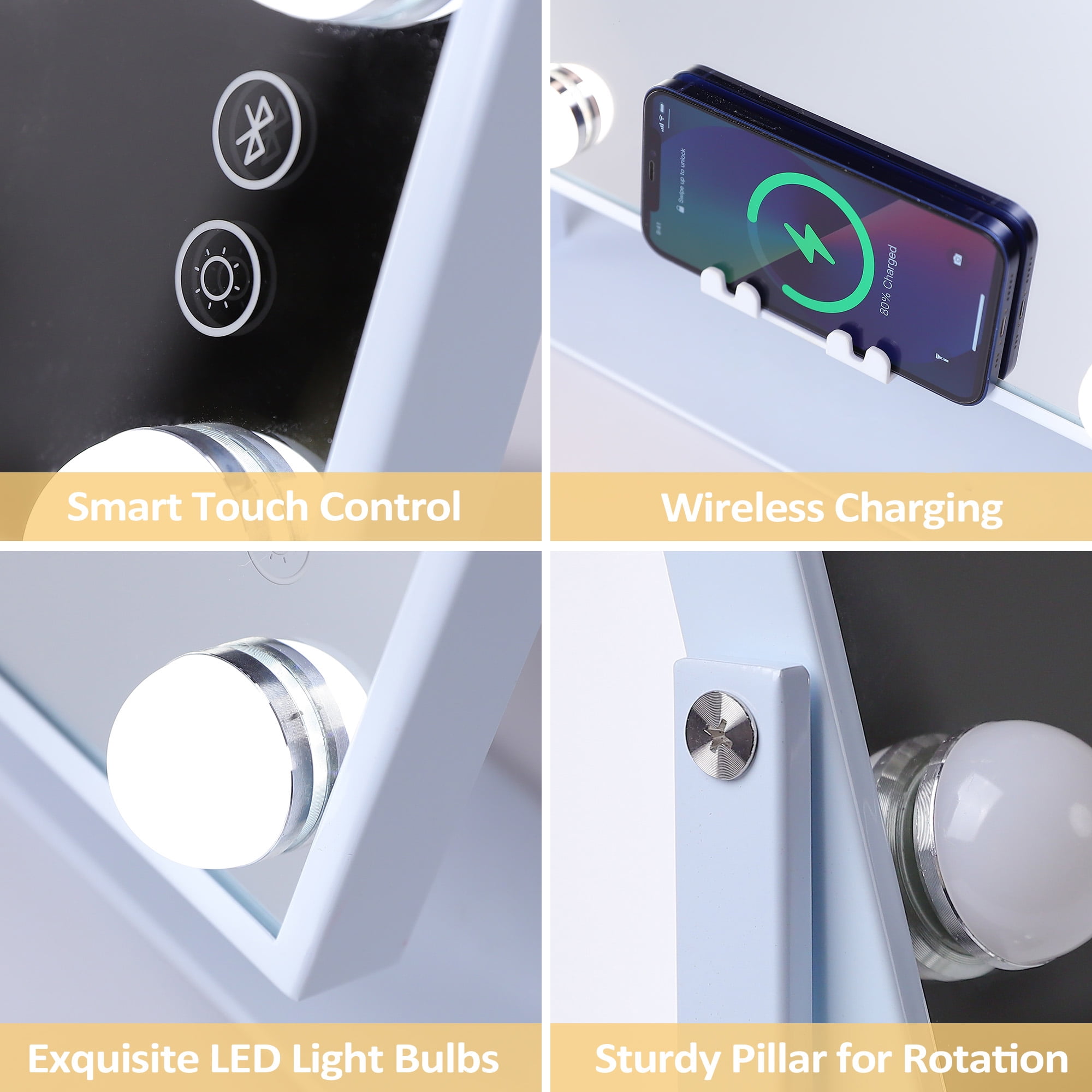 Fenchilin Vanity Makeup Mirror with Lights Bluetooth Wireless Charging Tabletop Metal White - Image 3