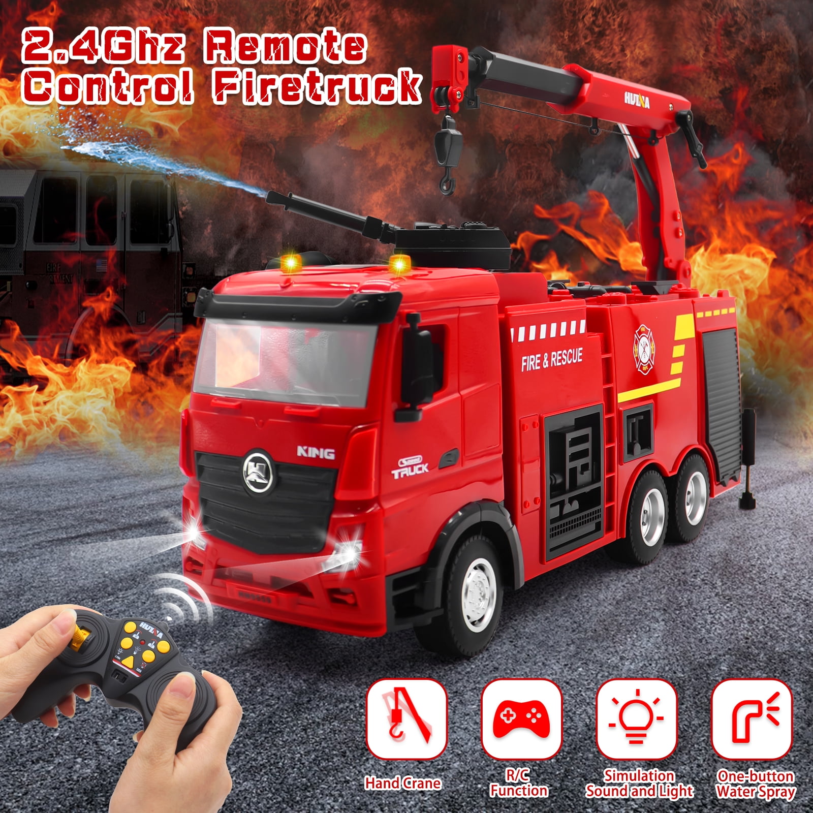 Remote Control Fire Truck, 9 Channel RC Rescue Firetruck with Water Spraying Pump and Lights Sounds, RC Crane RC Truck Toys for Kids Boys Gift - Image 2