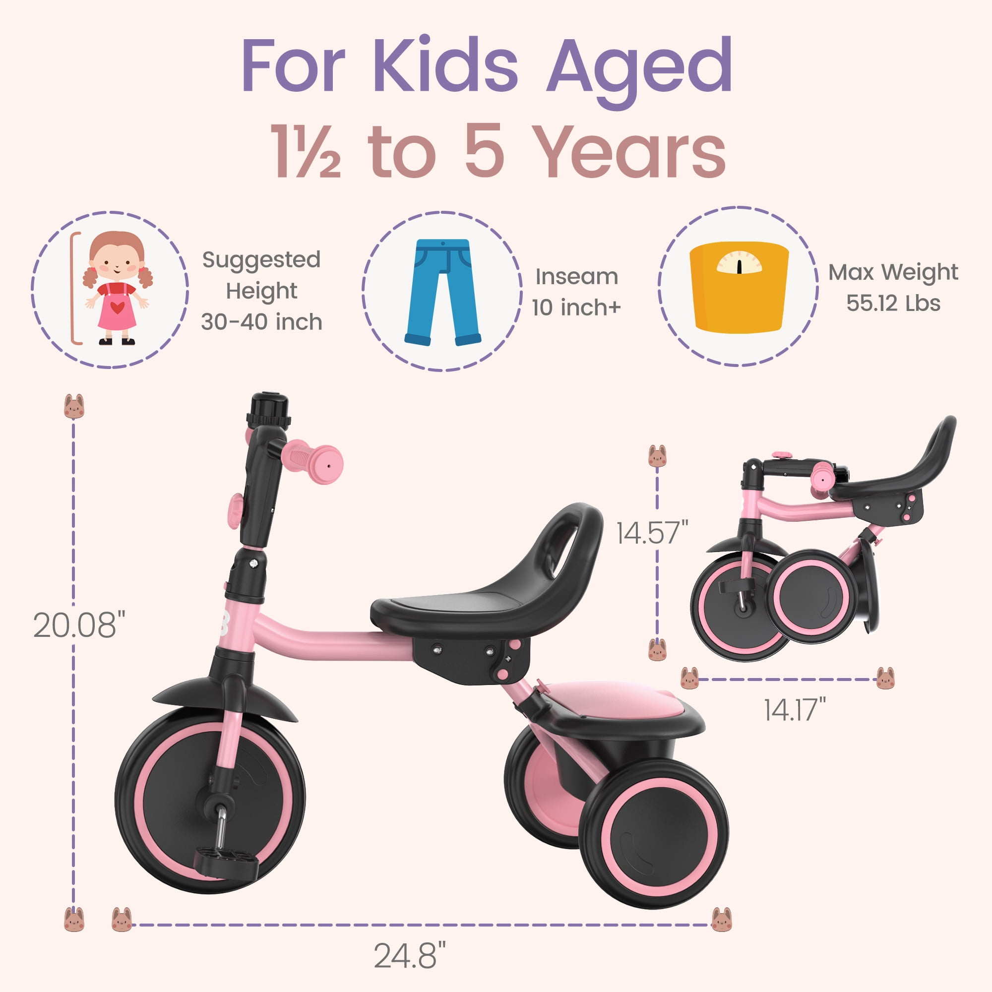 Besrey Toddler Tricycle for Ages 2-5 Years,Kids Trike for Girls and Boys with Bell,Toddler Bike Child Bicycles,Pink - Image 14
