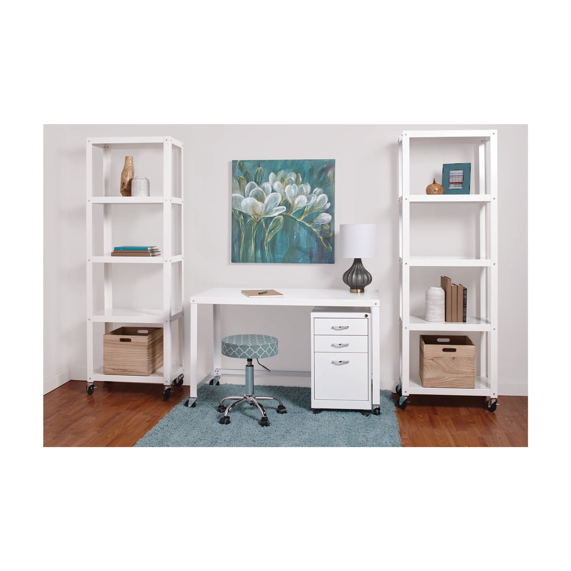 Office Dimensions 72" High Rolling 5 Shelf Bookcase, Industrial Metal, White - Image 3