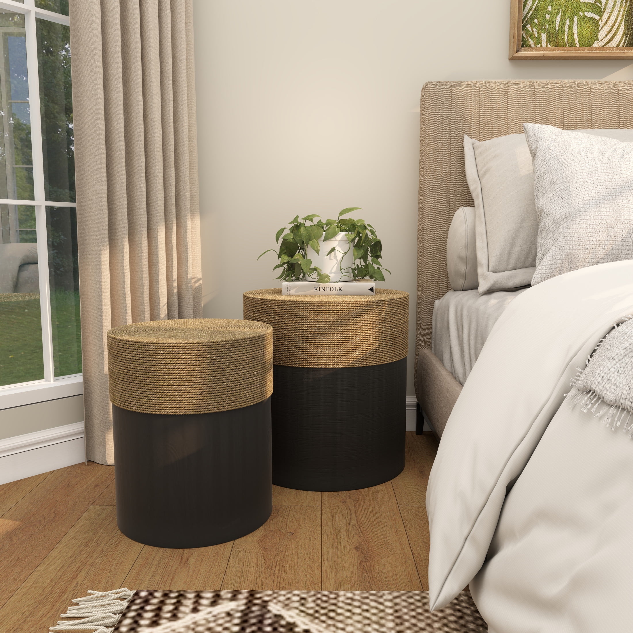 DecMode 19" x 20" Black Wood Handmade Accent Table with Brown Wrapped Seagrass Tabletops, 2-Pieces - Image 8