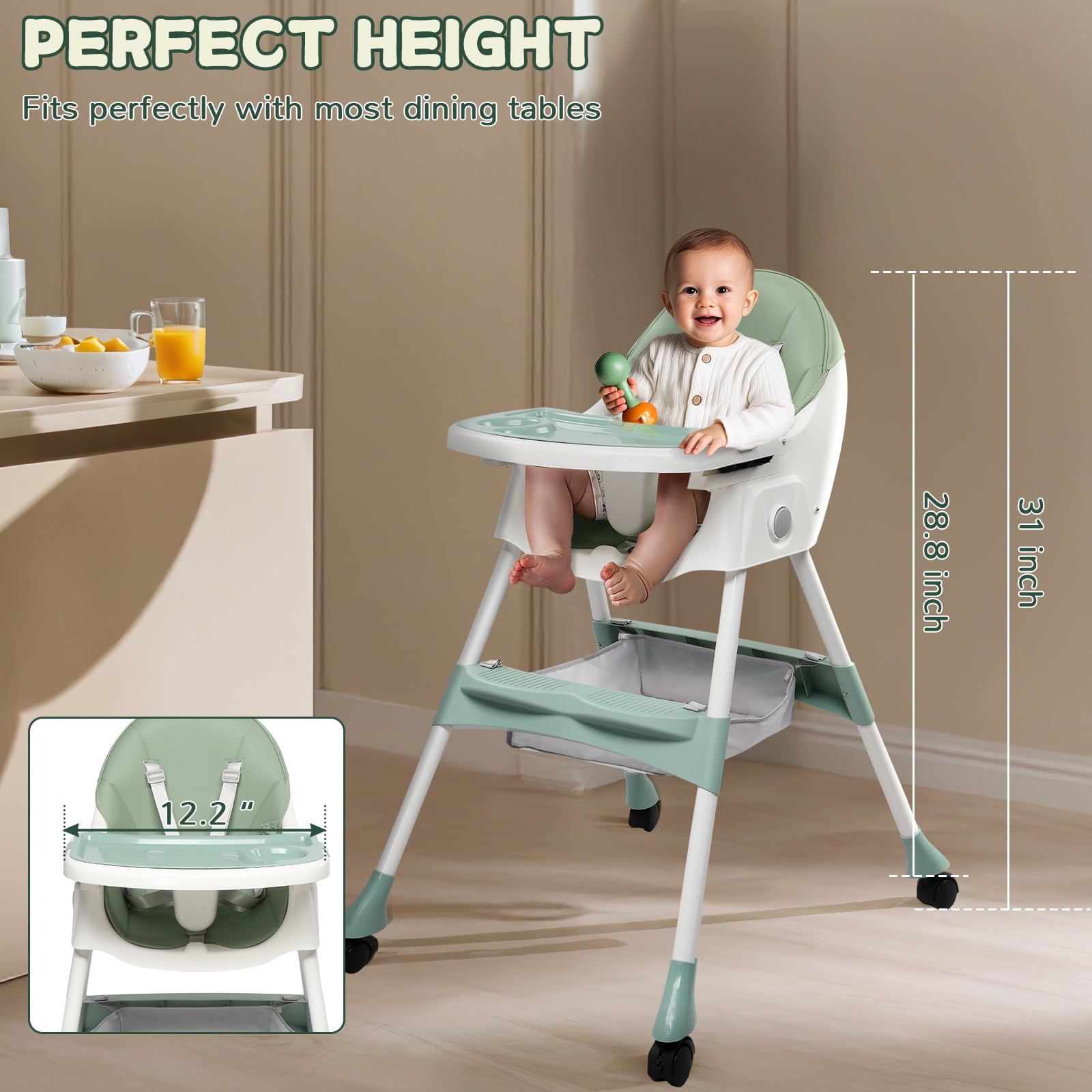 Ktaxon Baby High Chair, Convertible 6 in 1 High Chairs for Babies and Toddlers, Foldable Baby Highchair with 5-Point Safety Harness, Adjustable Dining Tray, Backrest & Height, Green - Image 8