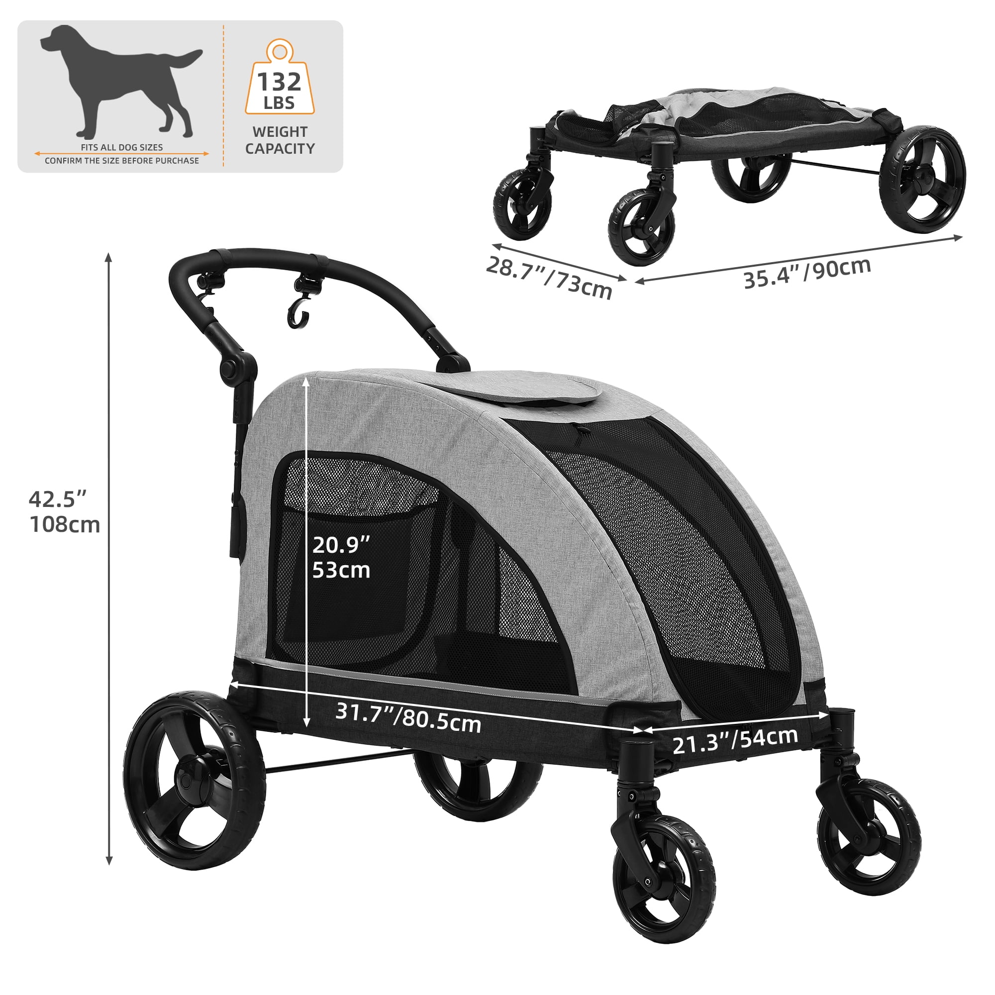 Uforic Foldable Dog Stroller, 4-Wheel Pet Stroller with Dual-Entry, Adjustable Handle for Large Dogs, Outdoor Adventure Pet Carrier Jogging Stroller, Gray - Image 6