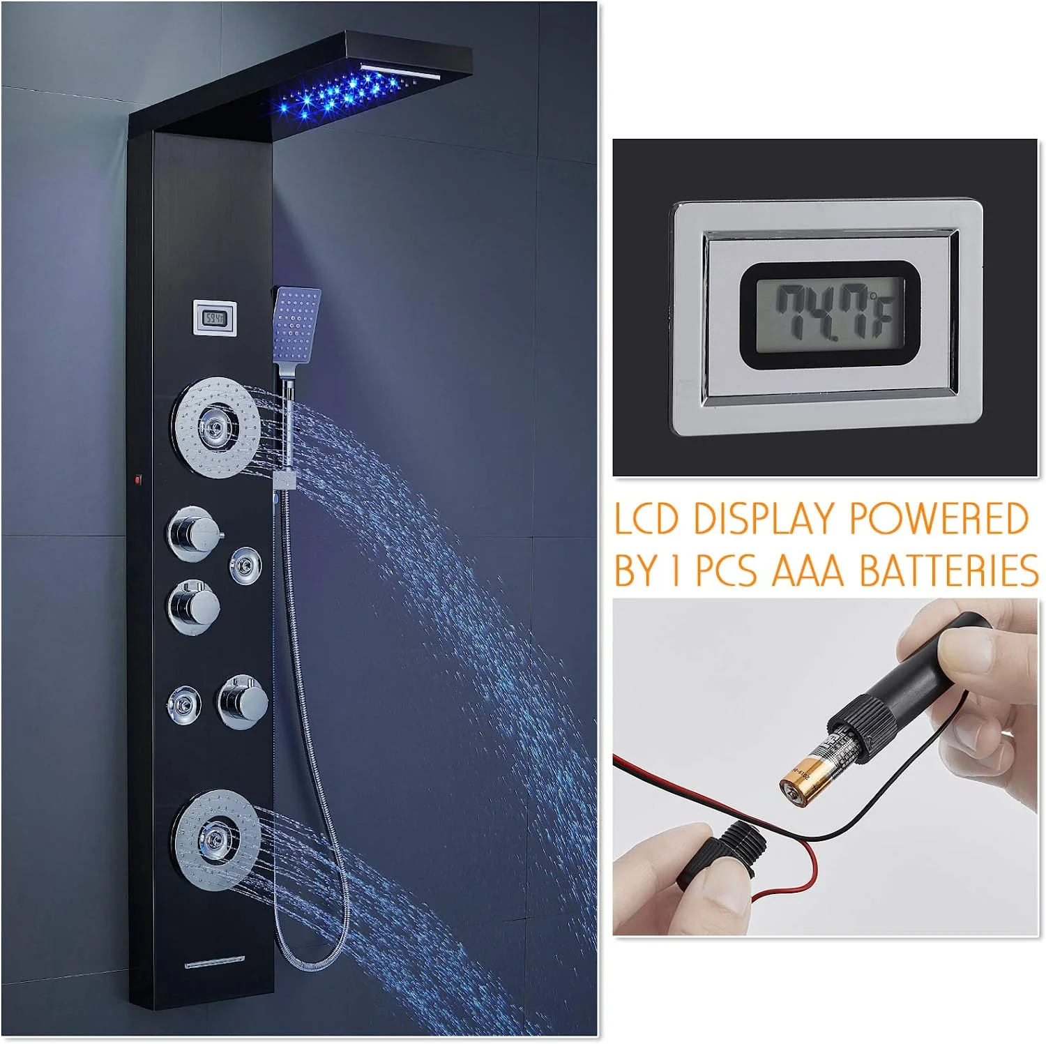 Zovajonia LED Shower Panel Tower System, Multi-Functions Shower Tower, Waterfall Showerhead, Shower Jets, Stainless Steel Rain Shower System Oil Rubbed Bronze - Image 18