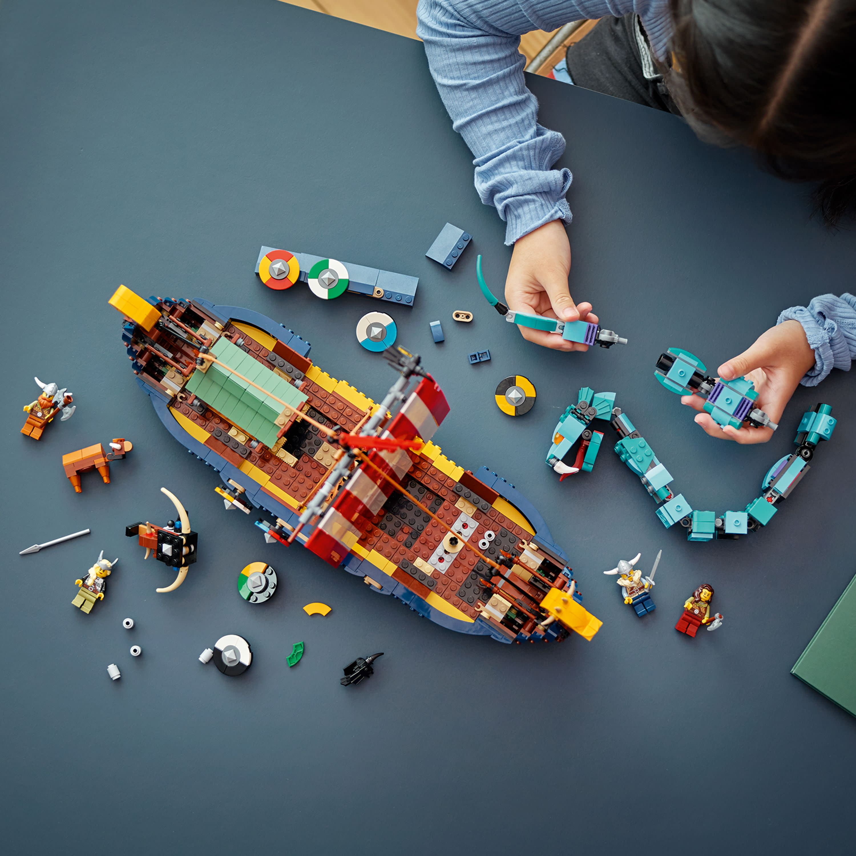 LEGO Creator 3 in 1 Viking Ship and the Midgard Serpent, Transforms from Amazing Ship to Viking House or Fenris Wolf Figure, Gifts for Kids, Boys, and Girls, 31132 - Image 7