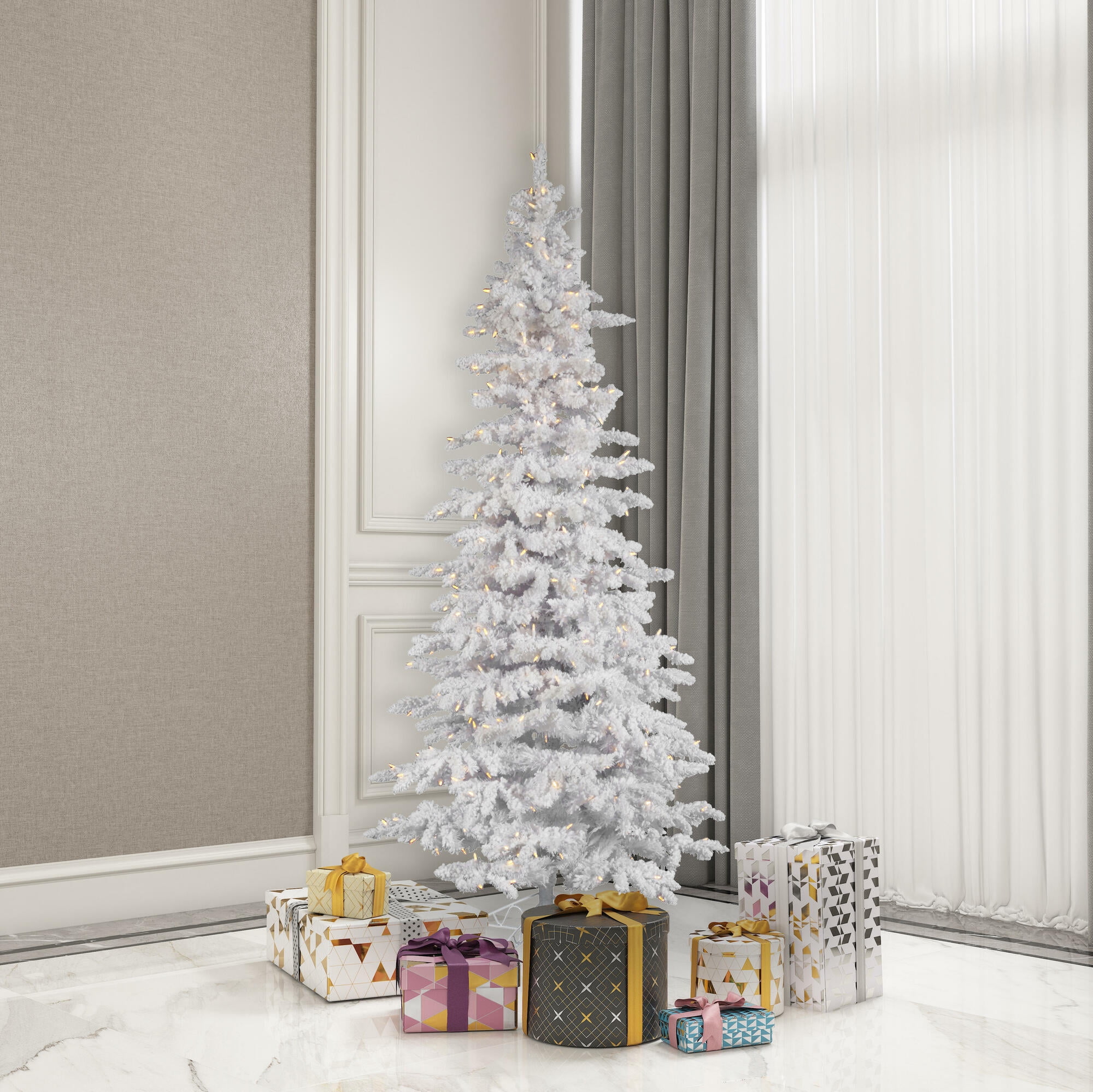 Vickerman 6.5' Flocked White Slim Artificial Christmas Tree, Warm White LED Lights - Image 5