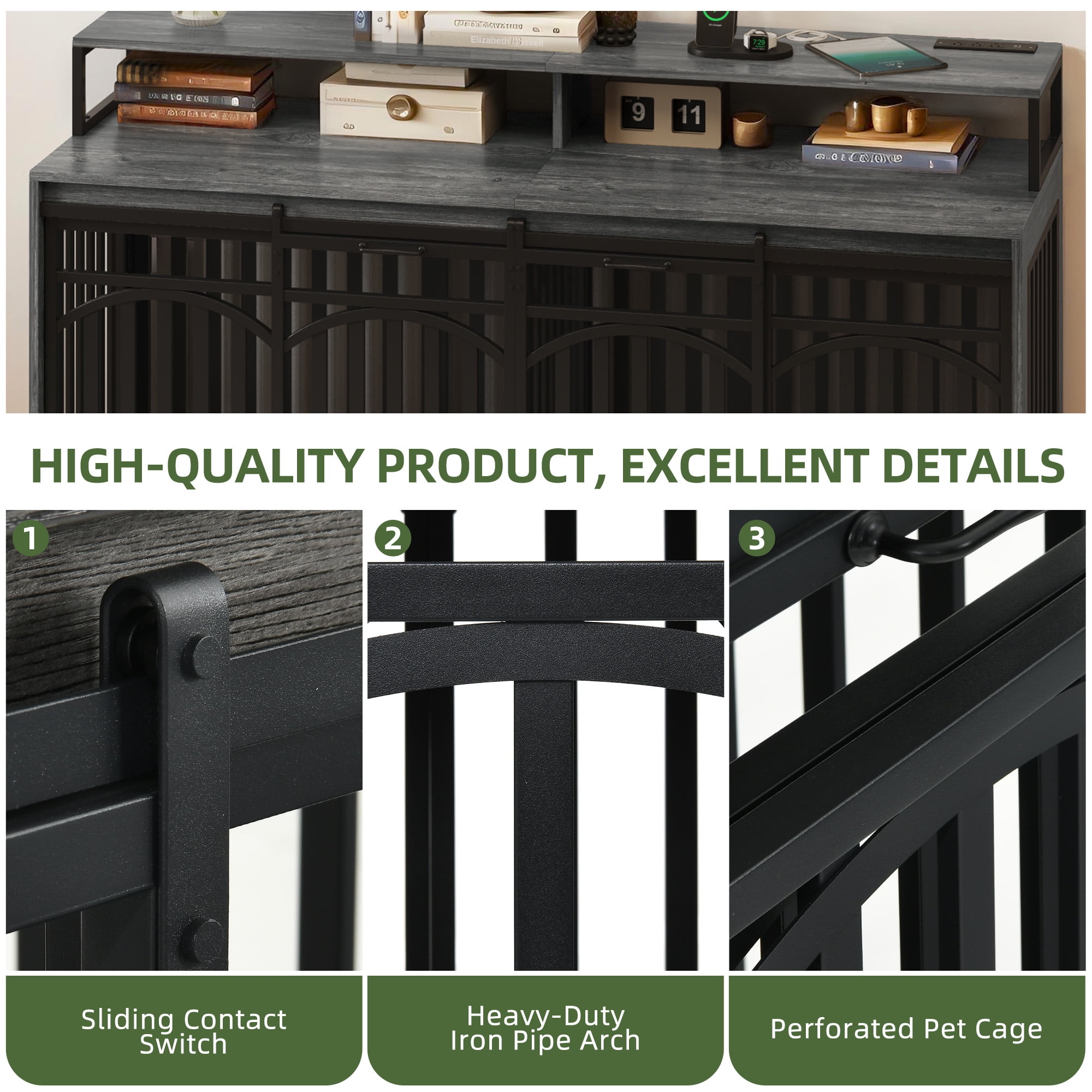 Uforic XL Heavy Duty Dog Crate Furniture with LED Lighting and Power Outlets, 70" TV Stand Large Metal Dog Kennel - Gray Oak - Image 7