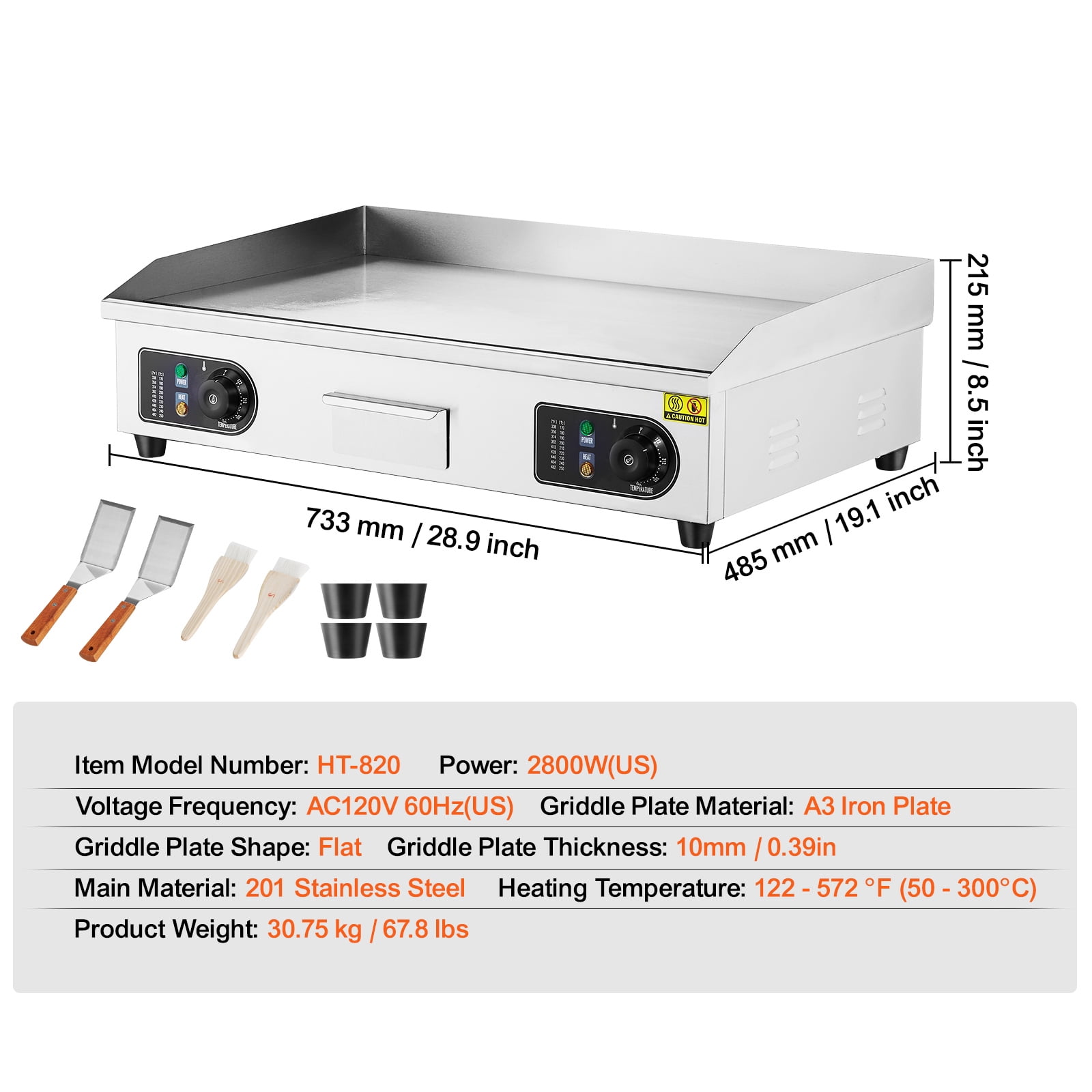 KFFKFF 30" Professional Electric Griddle, 2800W Tabletop Flat Grill, Temperature Range 122℉-572 ℉, Dimensions 28.74 x 15.75 x 0.39in, Stainless Steel Grill Including 2 Shovels and 2 Brushes - Image 4