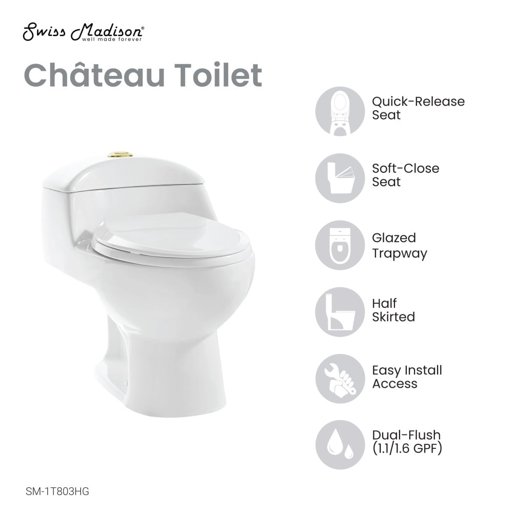 Chateau One Piece Elongated Toilet Dual Flush, Brushed Gold Hardware 1.1/1.6 gpf - Image 3