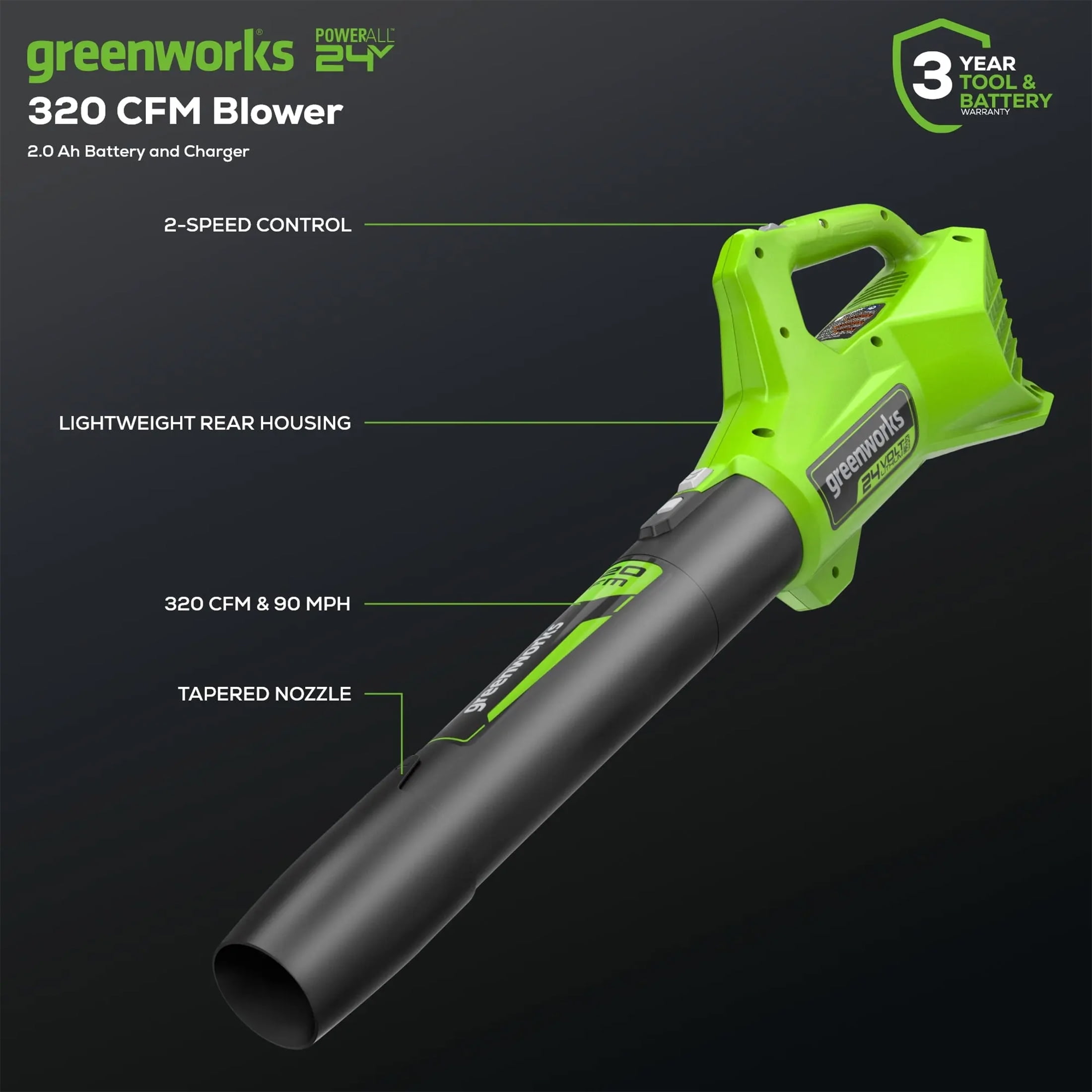 Greenworks 24V Cordless Axial Blower (90 Mph / 320 Cfm) with 2Ah USB Battery & Charger 2415702 - Image 7