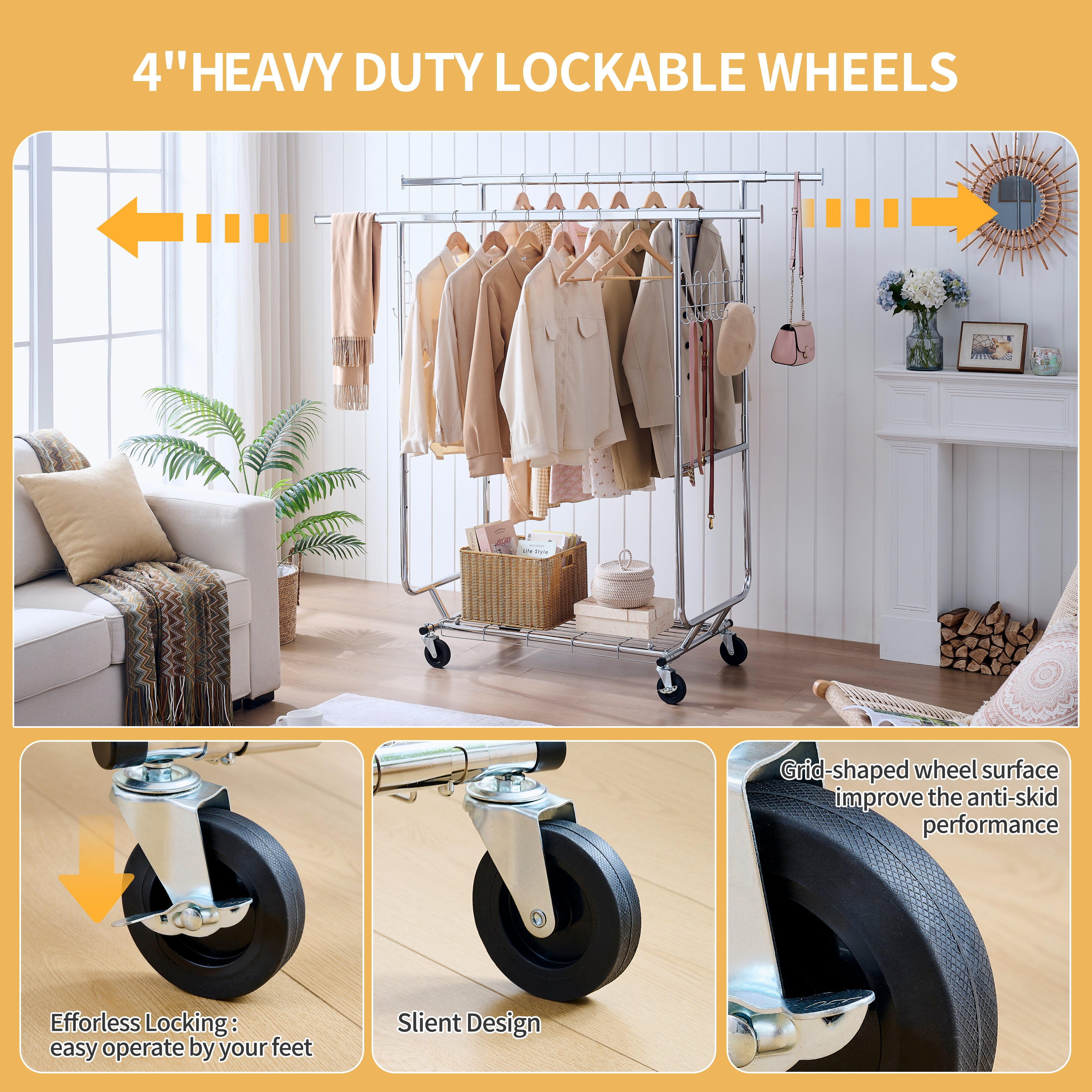 Yoneston 800lbs Heavy Duty Garment Rack with Wheels, Adjustable Metal Double Rail Rolling Clothing Rack with Storage Shelf Portable Clothing Rack for Home Office Shop,Sliver - Image 5