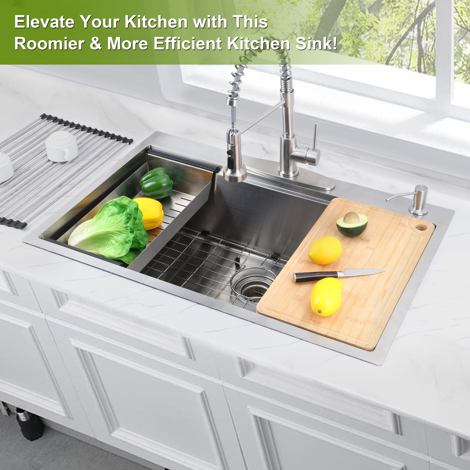 Vesteel Workstation Kitchen Sink, 33” x 22” Drop In Stainless Steel Single Bowl Sink Basin, Topmount Sink include 4 Sink Accessories - Image 3