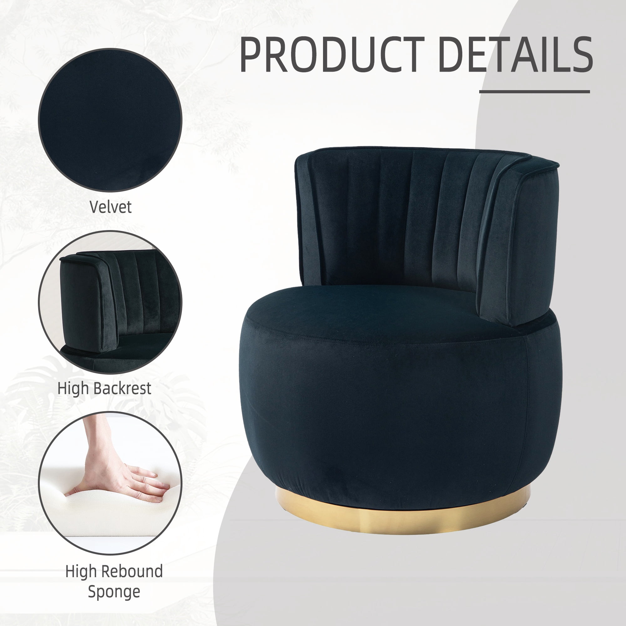 PAPROOS Swivel Accent Chair, Armchair with Velvet Fabric, Barrel Chair with Metal Ring for Living Room, Bedroom, Black - Image 10