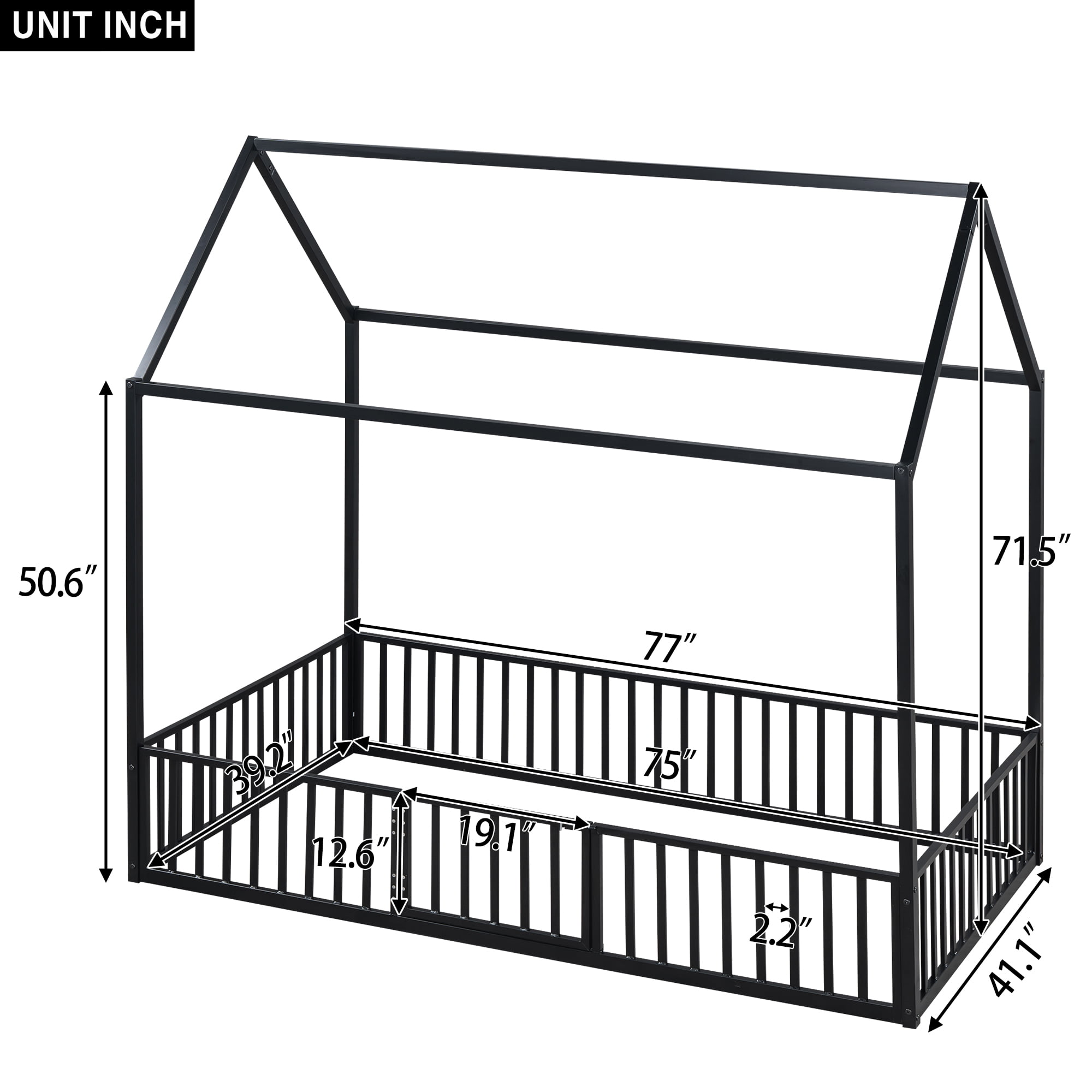Euroco Metal Twin Size House Bed Frame, Low Profile Canopy Bed with Fence and Door for Kids, Black - Image 10