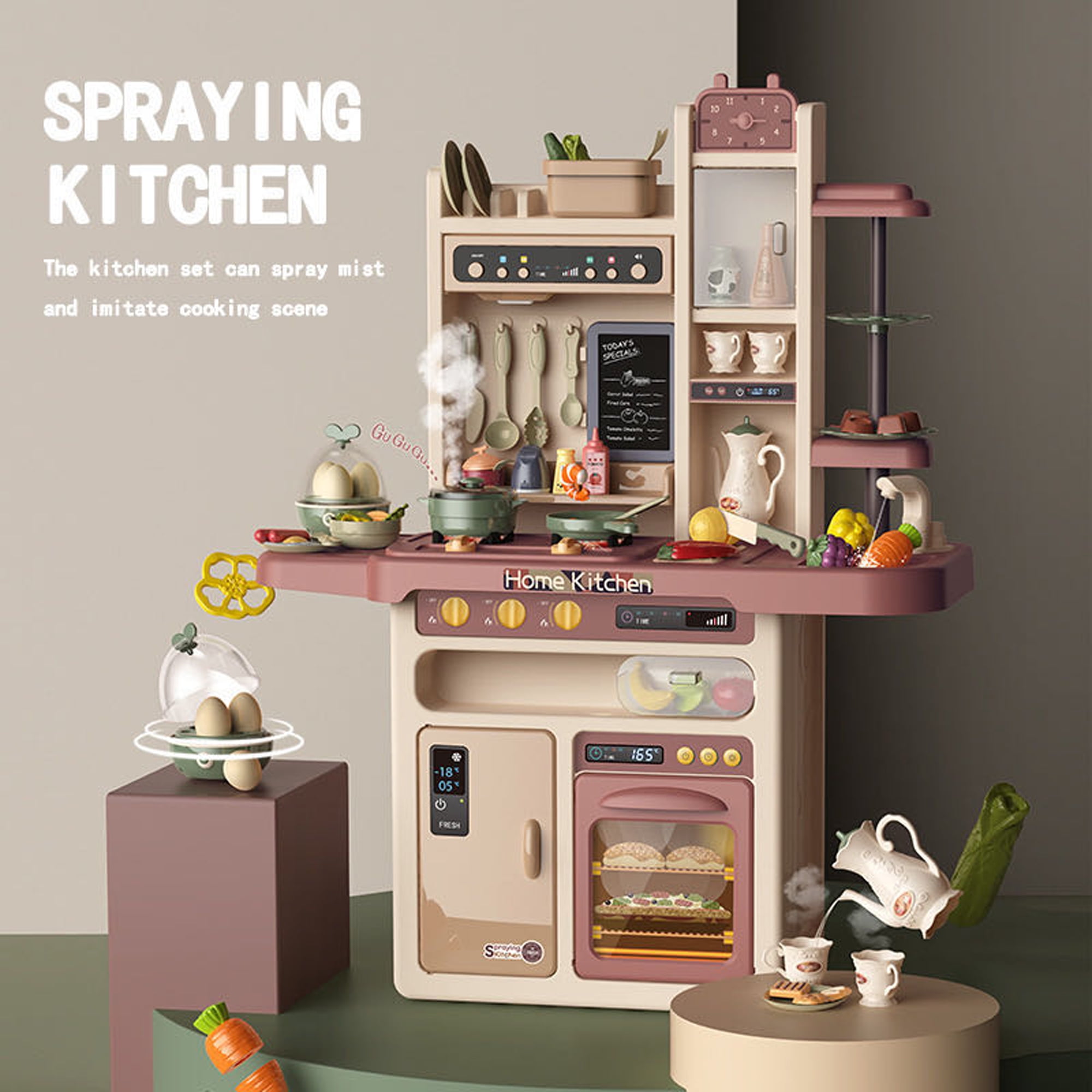 Yexmas Play Kitchen, 37"H Kids Kitchen Playset with Real Sounds & Lights,Pretend Play Food Toys,Play Sink,Cooking Stove with Steam,Toddler Kitchen Toy Gift for Boys and Grlis, 65PCS - Image 2