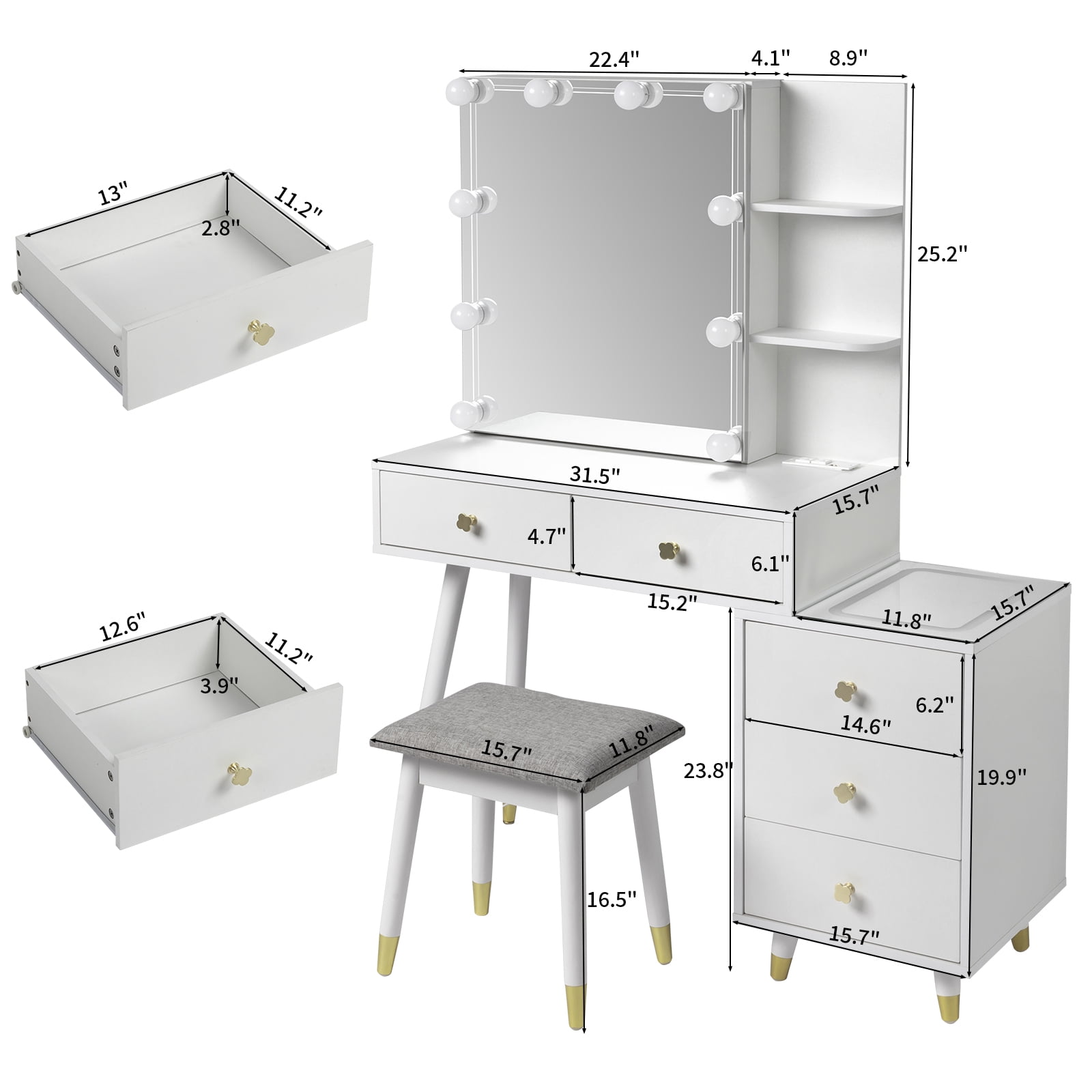 Ktaxon 3 Color Lighted Vanity Table Set, Makeup Table with LED Nightstand, Dressing Table with USB Charging Station, for Women, Female Bedroom, White - Image 4