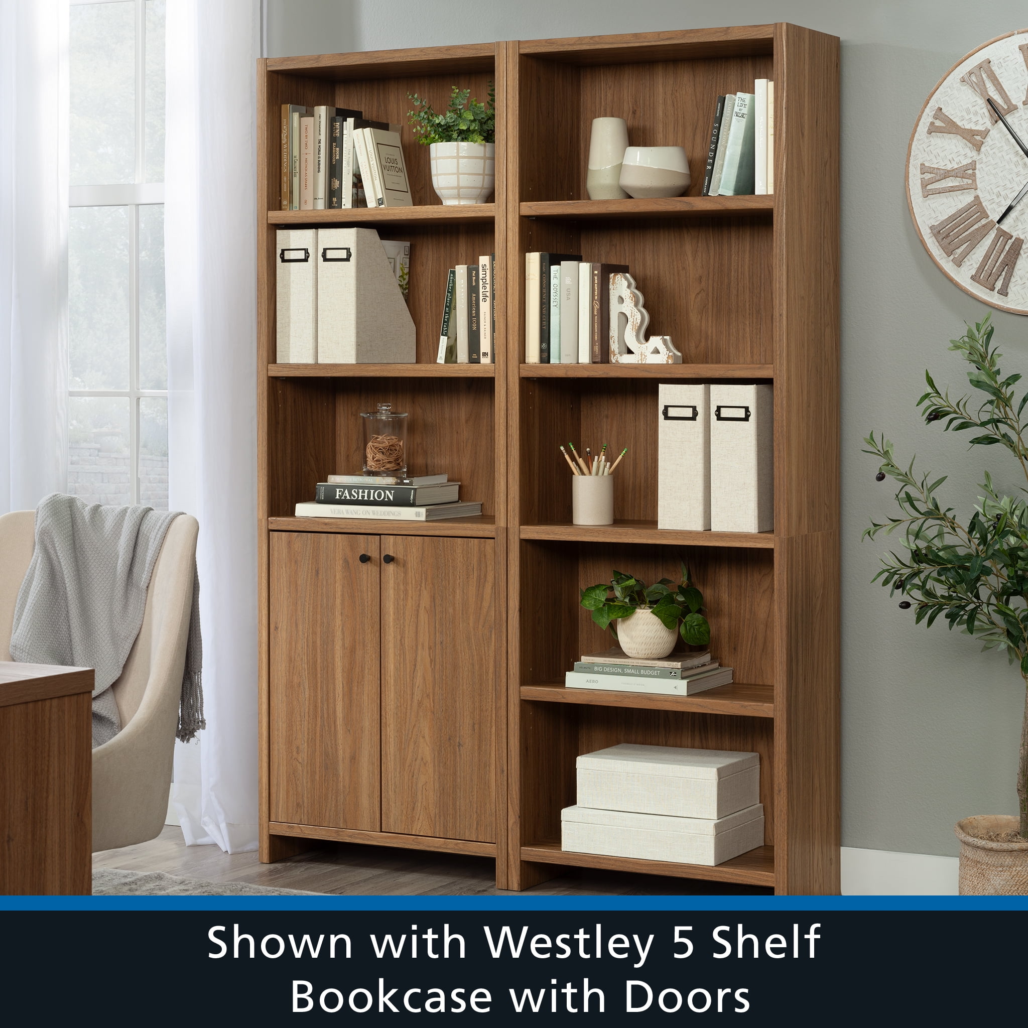 Mainstays Westley 5 Shelf Bookcase, Walnut Finish - Image 3