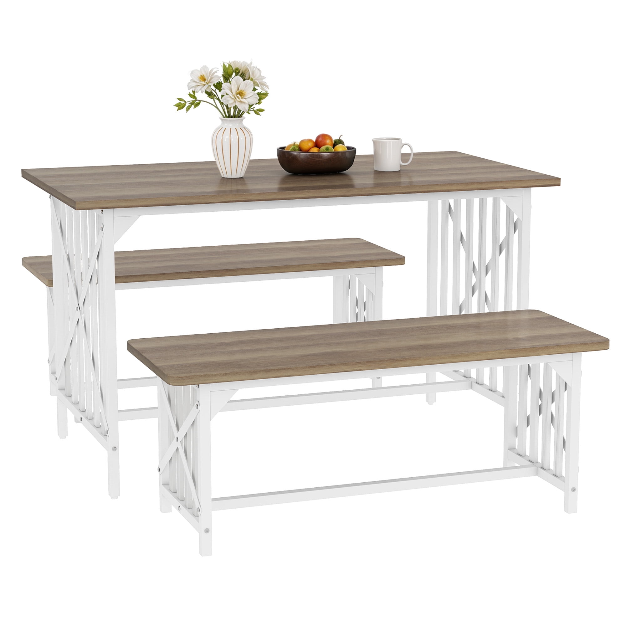 Uforic 3-Piece Dining Table Set for 4 People, Industrial Kitchen Table Set with 2 Bench, 47 " Rectangular Dining Table and Dining Bench with Metal Frame, Brown - Image 2