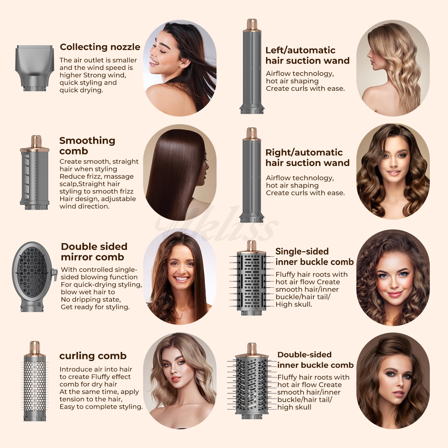 8 in 1 Hair Blow Dryer Brush Set,Professional 110,000 RPM Hot Air Brush Set for Fast Drying,Curling Volumizing Smoothing & Styling, Hair Styler, Oval Brush - Image 3