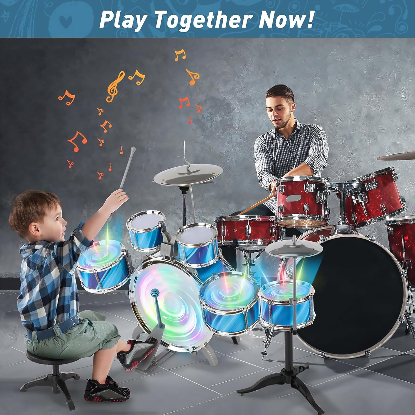 Kids Drum Set, 15 Pieces Drum Set for for Toddlers 1-3, Musical Instrument Toys with 6 Drums, w/ 4 Lights and 2 Cymbals, Drum Kit Boys Girls Birthday Gift for Beginner Music Practice - Image 5
