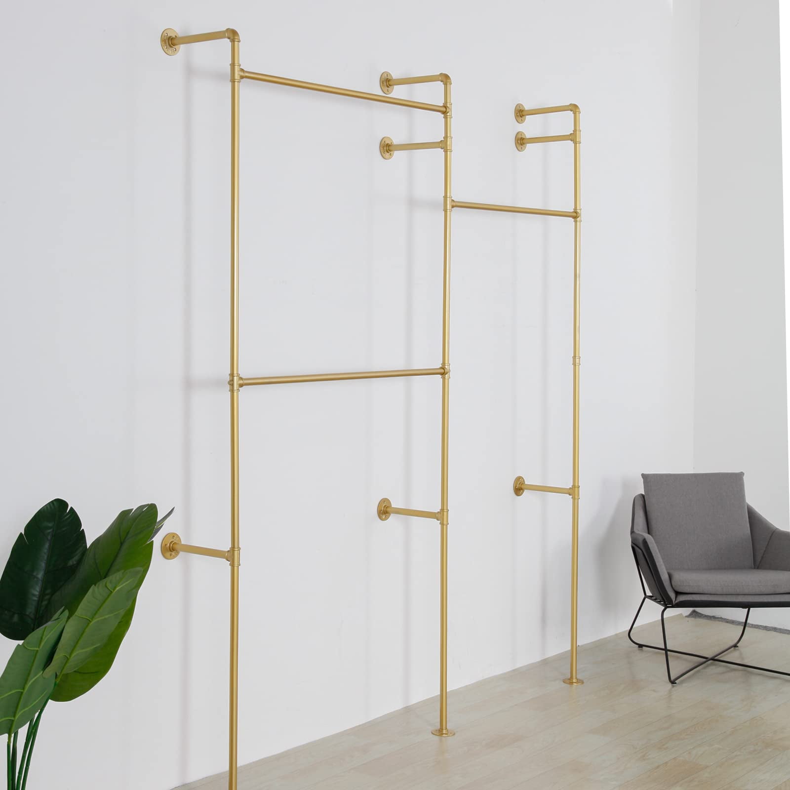 SSS Furniture Modern Simple Industrial Pipe Double Hanging Rods Clothing Rack, Clothes Rack Wall Mounted Heavy Duty Hanging Clothes Rack, Detachable Garment Bar 93.3X82.7inch (Gold) - Image 2