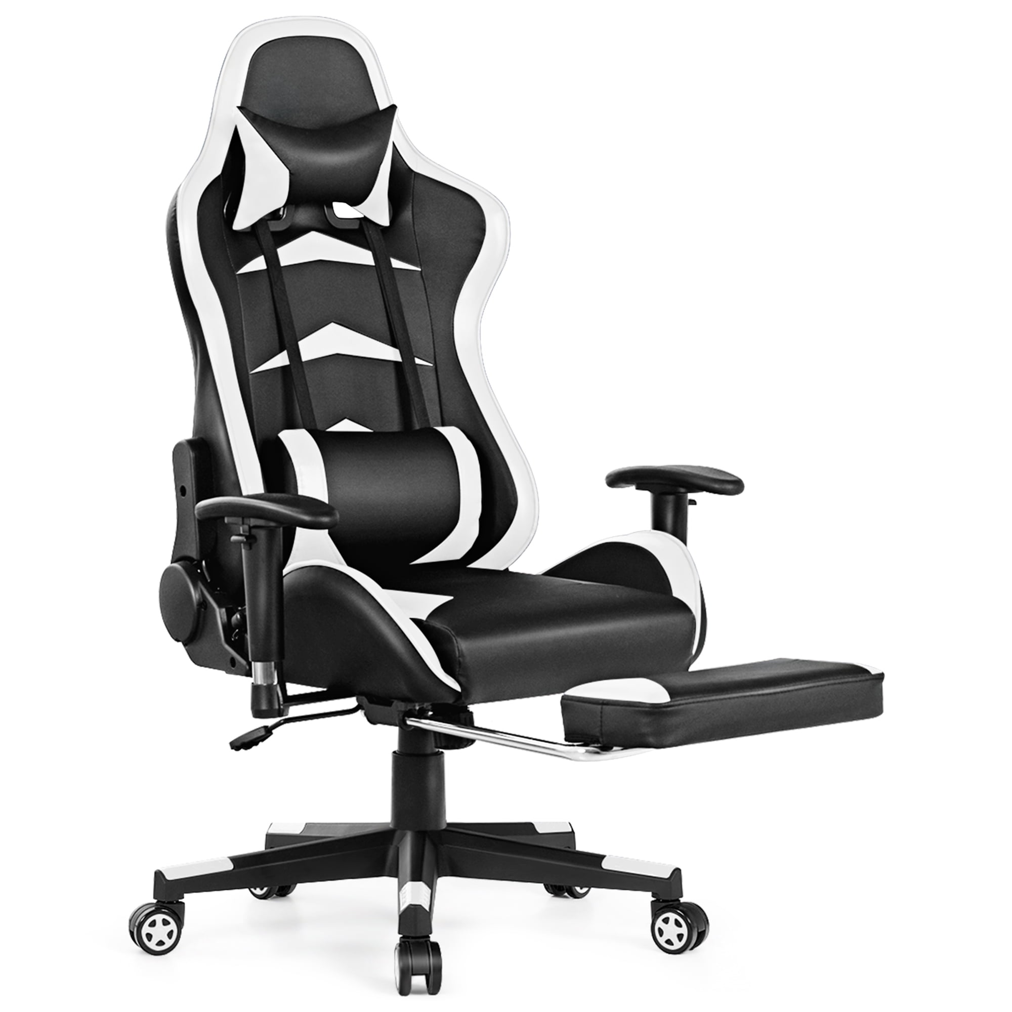 Gymax Gaming Desk&Massage Gaming Chair Set w/ Footrest Monitor Shelf Power Strip White - Image 10