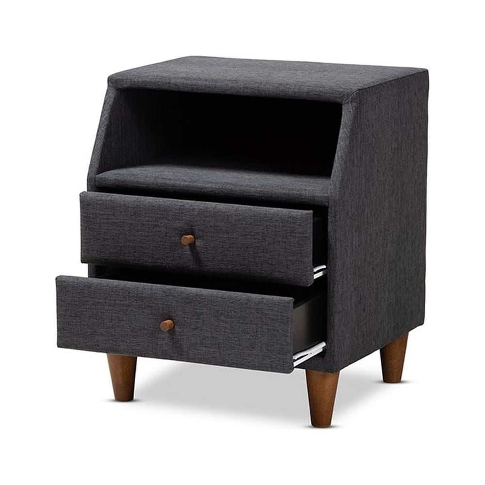 Baxton Studio Claverie Mid-Century Modern Charcoal Fabric Upholstered 2-Drawer Wood Nightstand - Image 3