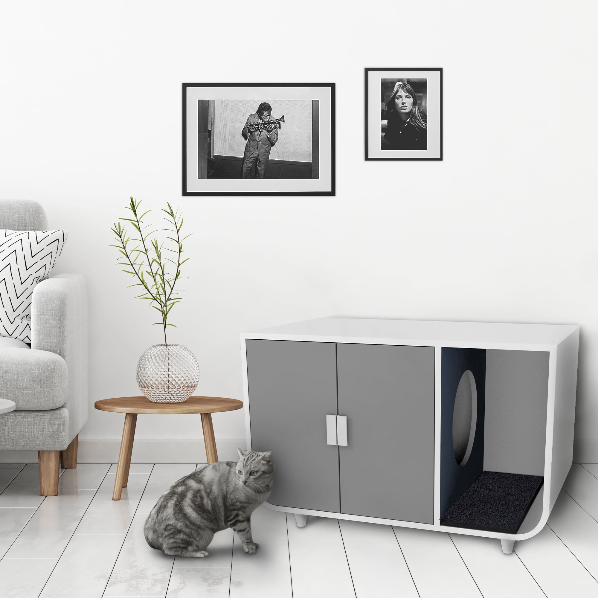 Teamson Pets Large Dyad Wooden Cat Litter Box Enclosure and Cabinet/Side Table, Alpine White/Gray - Image 3