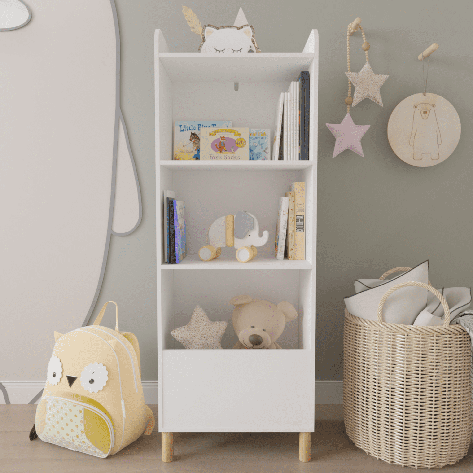 PORKISS 4 Tier Bookshelf for Kids, Wooden Kids Bookcase with Toy Storage, Modern Toy Organizer for Bedroom, Playroom, Nursery, White - Image 10