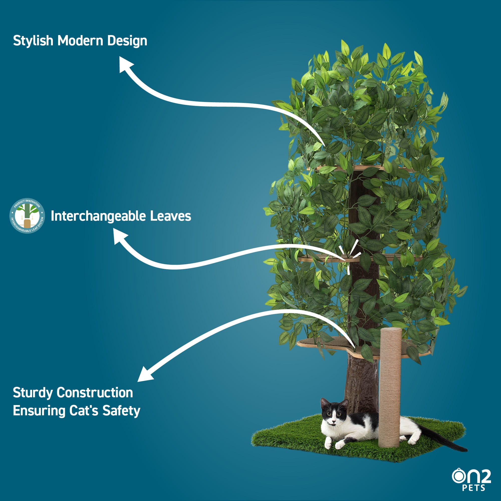 On2Pets Cat Tree with Leaves, Cat House & Cat Activity Tree, Multi-Level Cat Condo for Indoor Cats, Square Base with Scratching Post - Image 3
