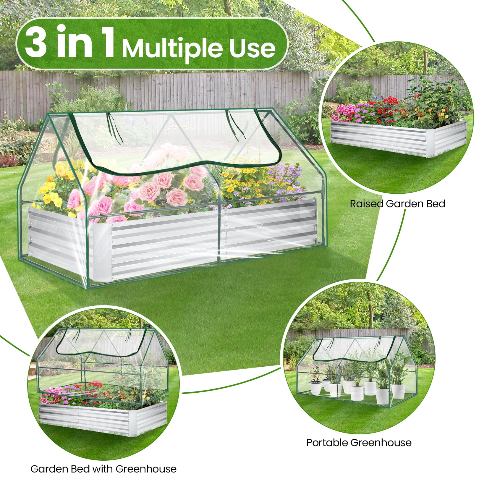 Funcid Galvanized Raised Garden Bed with Cover, Outdoor Metal Planter Box 2 Roll-Up Windows Mini Greenhouse for Growing Flowers Fruits Vegetables and Herbs, 6x3x3ft(Clear) - Image 2