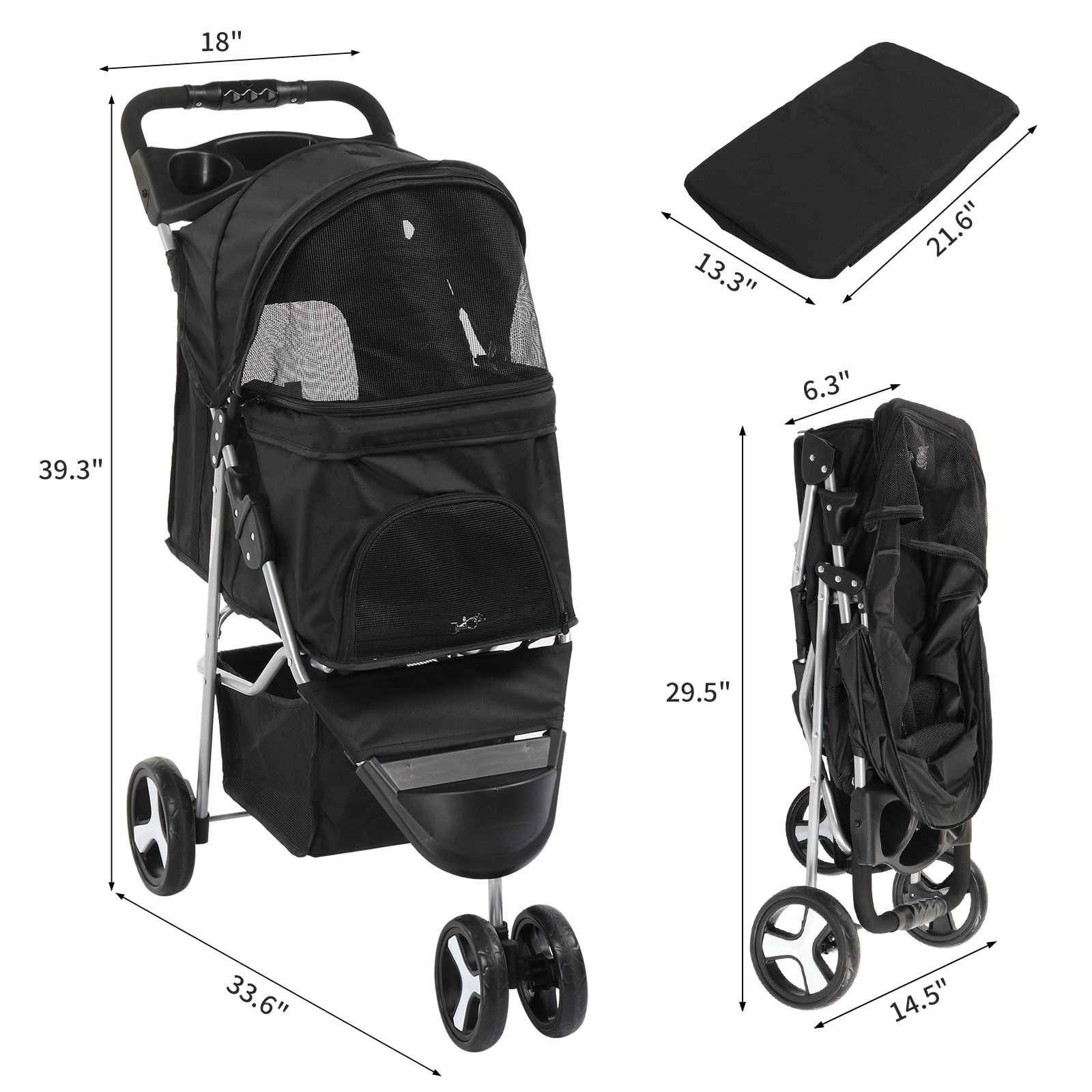Zimtown 3-Wheel Pet Stroller for Dogs & Cats, Foldable with Cup Holder & Storage, Black - Image 4