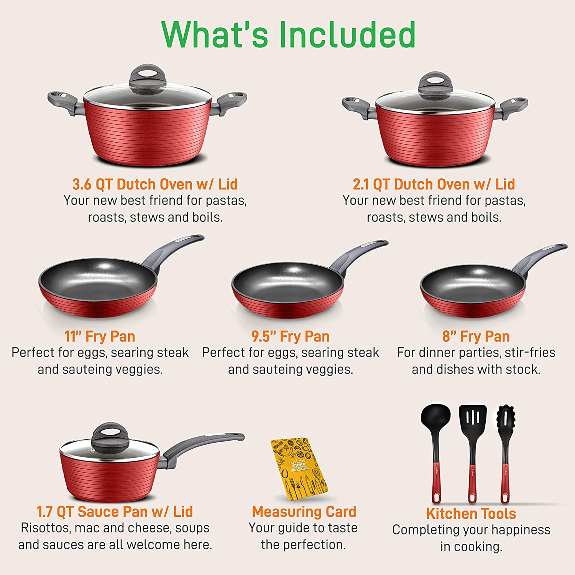 NutriChef NCCW12RED - Kitchenware Pots & Pans Set - Stylish Kitchen Cookware, Non-Stick Coating Inside & Outside + Heat resistant Lacquer Outside, Dark Gray Inside and Red Outside (12-Piece Set) - Image 4