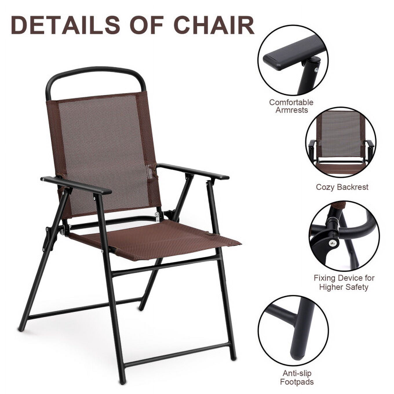 TBKLEY 2pcs Patio Folding Sling Back Chair with Armrests, Portable Metal Outdoor Chairs for Indoor Outdoor Garden Poolside Yard, Brown - Image 5