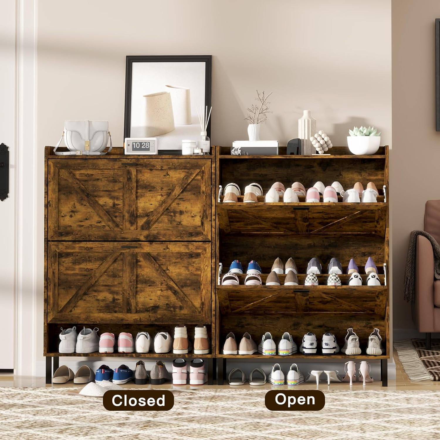 Vinform Farmhouse Shoe Storage Cabinet with 2 Flip Drawers for Entryway, Slim Wood Shoe Cabinet, Freestanding Narrow Shoe Rack Organizer with Metal Legs for Hallway Living Room (Rustic Brown) - Image 7
