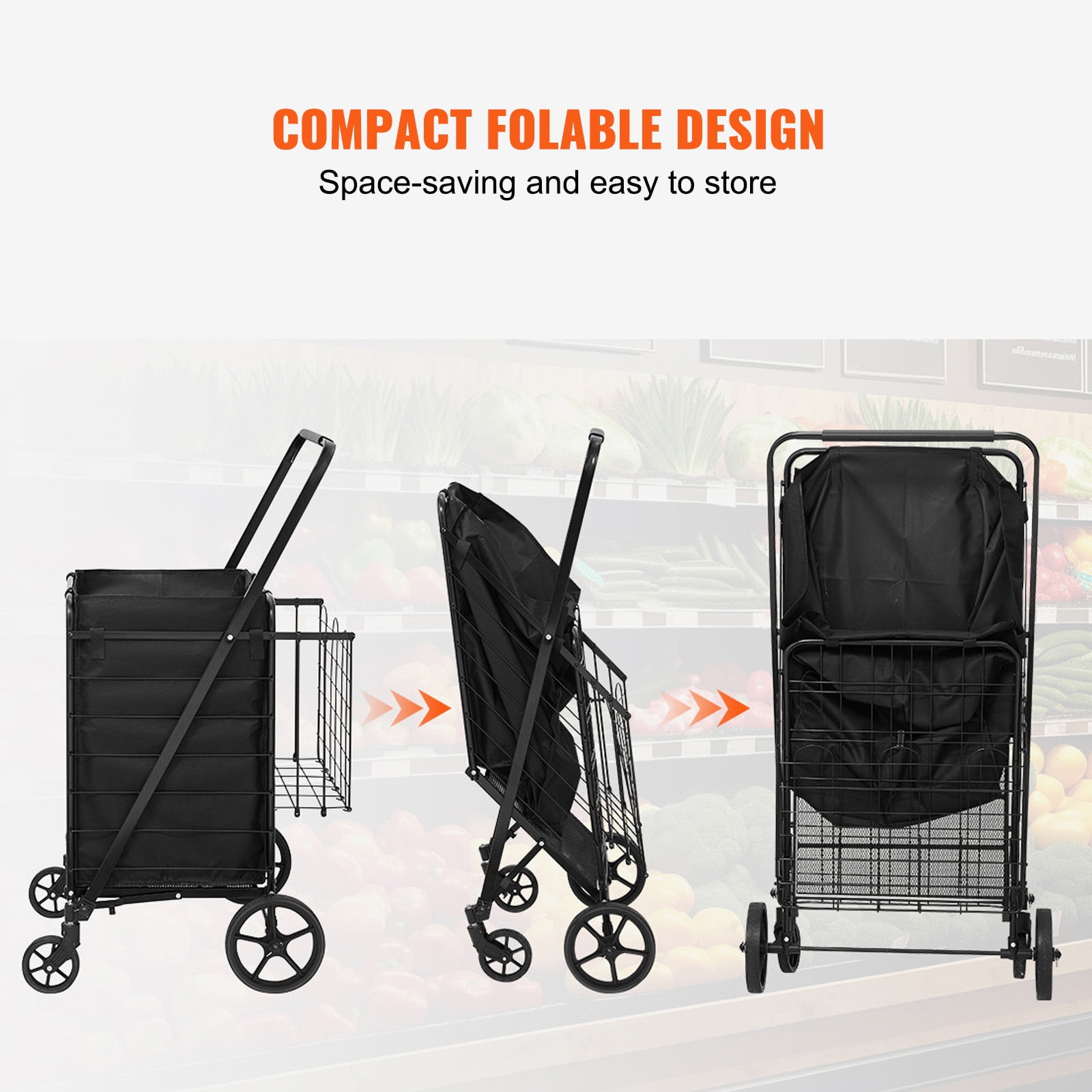 KFFKFF Collapsible Shopping Trolley with Detachable Rainproof Cover, 330LBS Spacious Grocery Cart with Double Basket, Omni-directional Wheels, Sturdy Metallic Mesh Foundation, - Image 8