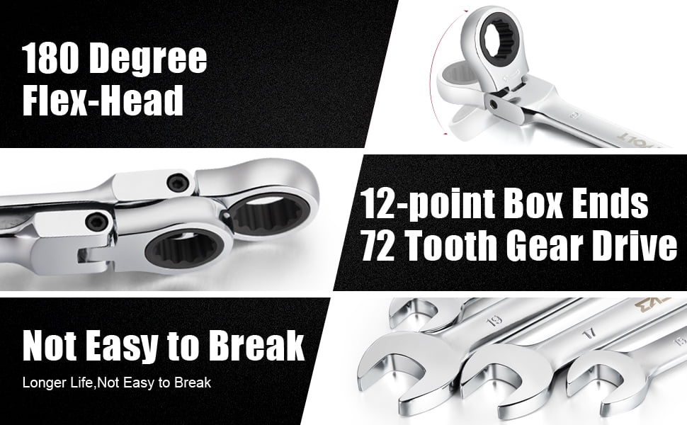 Eastvolt 12 Pieces Flex Head Ratcheting Wrench Set, Metric 8mm-19mm, Combination Ended Spanner kits, Chrome Vanadium Steel with Toolbox - Image 7